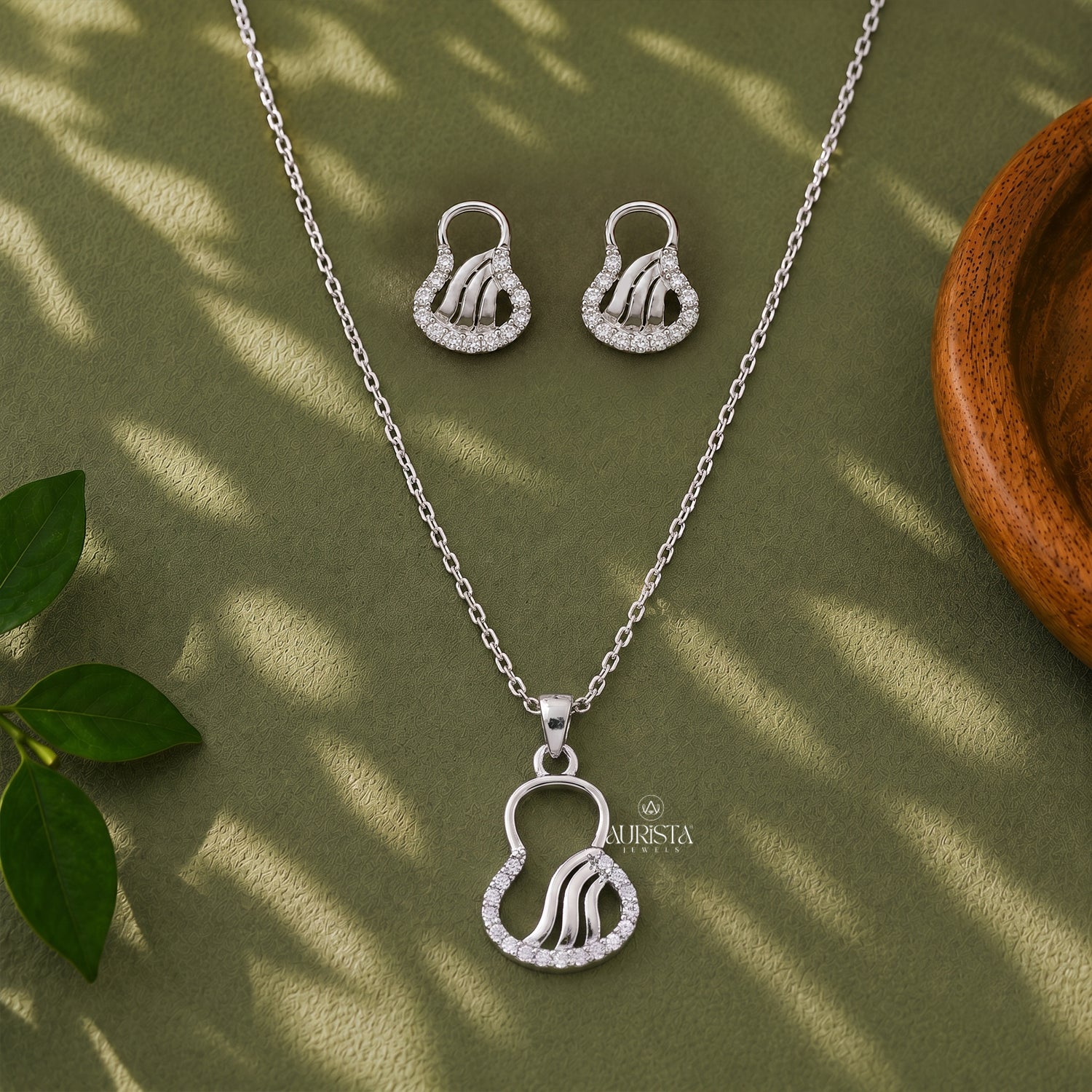 Gourd Moissanite Necklace Set Silver Abstract Pendant Dainty Studs Minimalist Gift