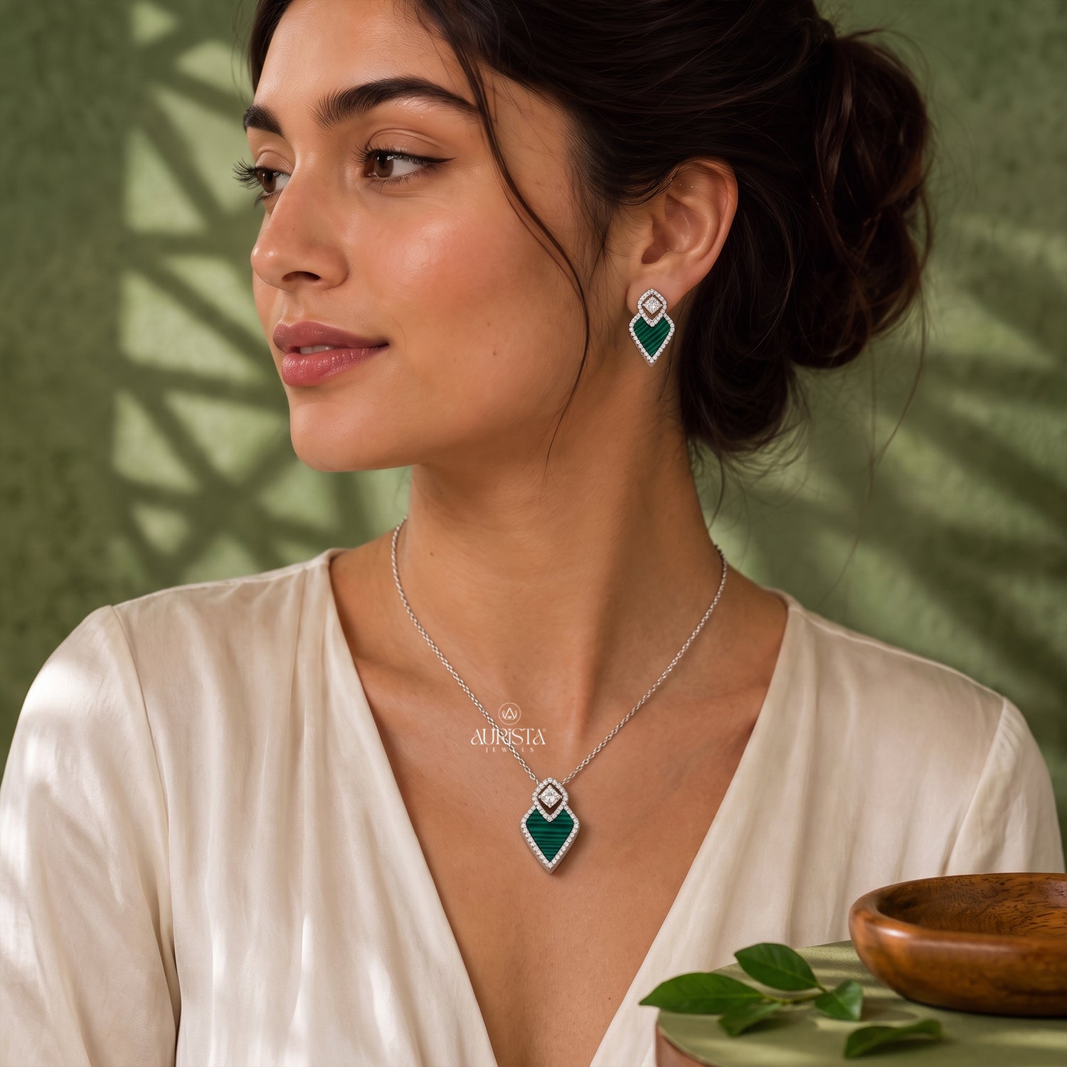 Malachite Jewelry Set Moissanite Necklace Stud Earrings Geometric Silver Gift Her