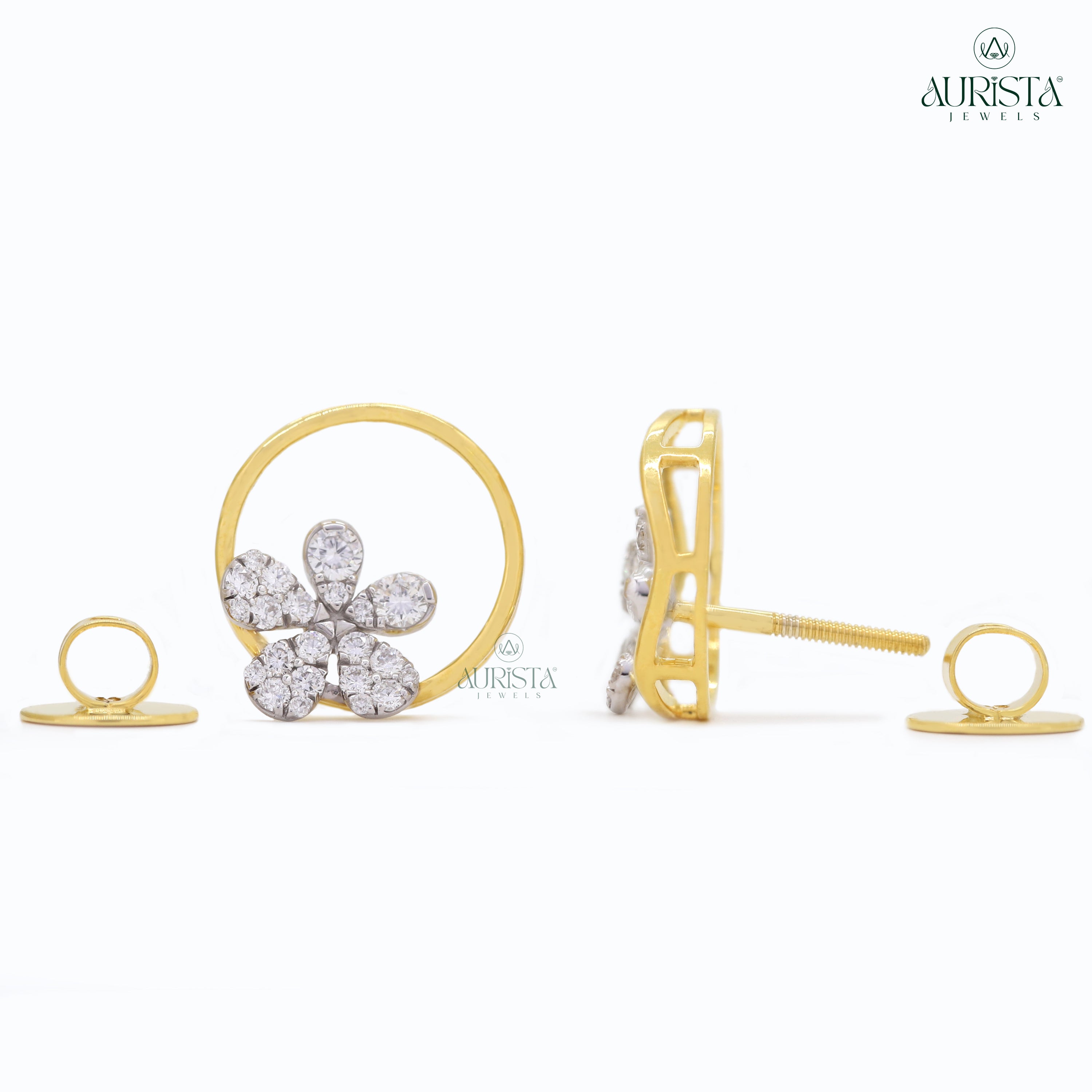 Round Floral Design Diamond Jewelry Set in Yellow Gold