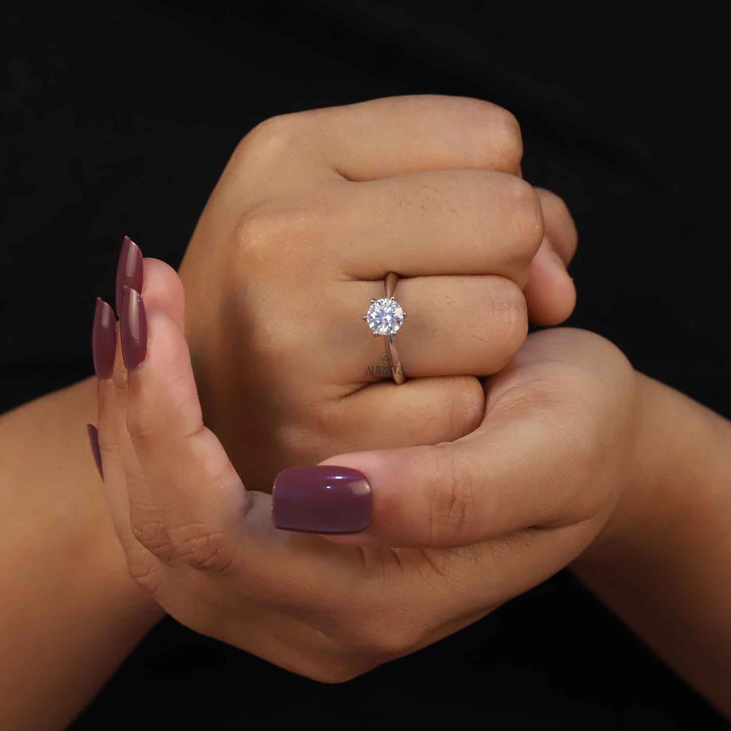 Round Cut Lab Grown Diamond Engagement Ring, White Gold Side Stone Anniversary Gift
