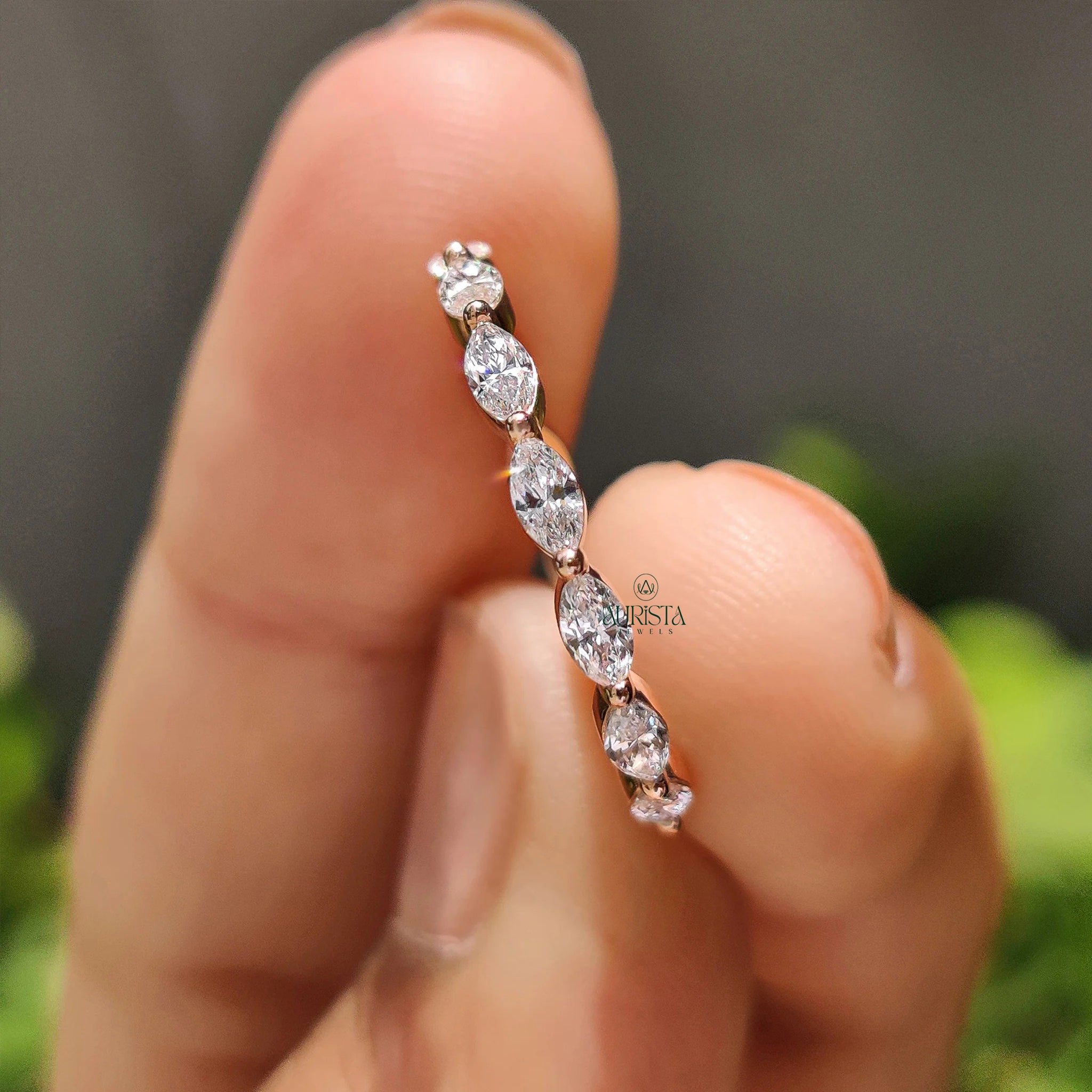 Horizontal Marquise Moissanite Diamond Full Eternity Wedding Band Yellow Gold Ring