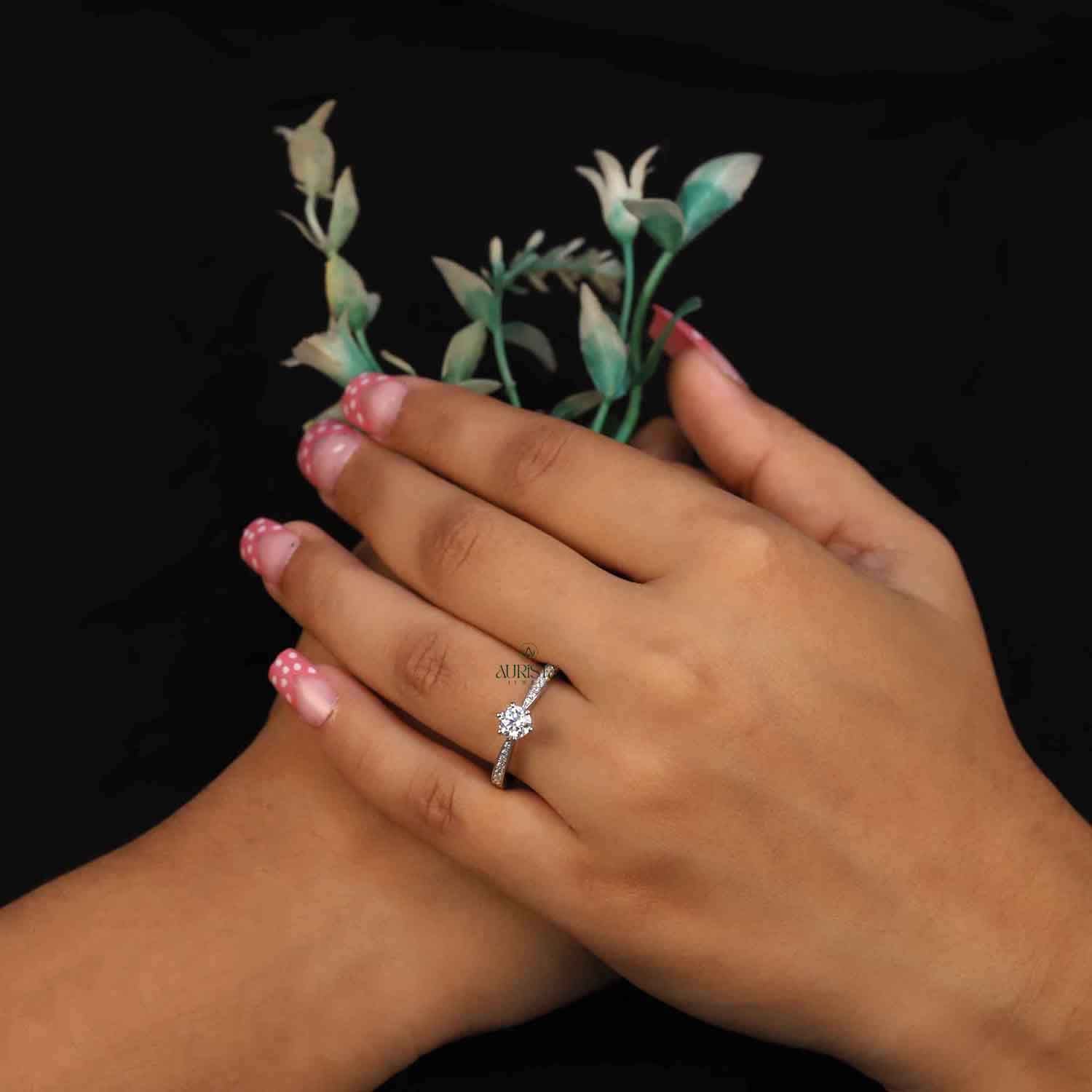 Round Cut Lab Grown Diamond ,  Side Stone,White Gold, Engagement Ring