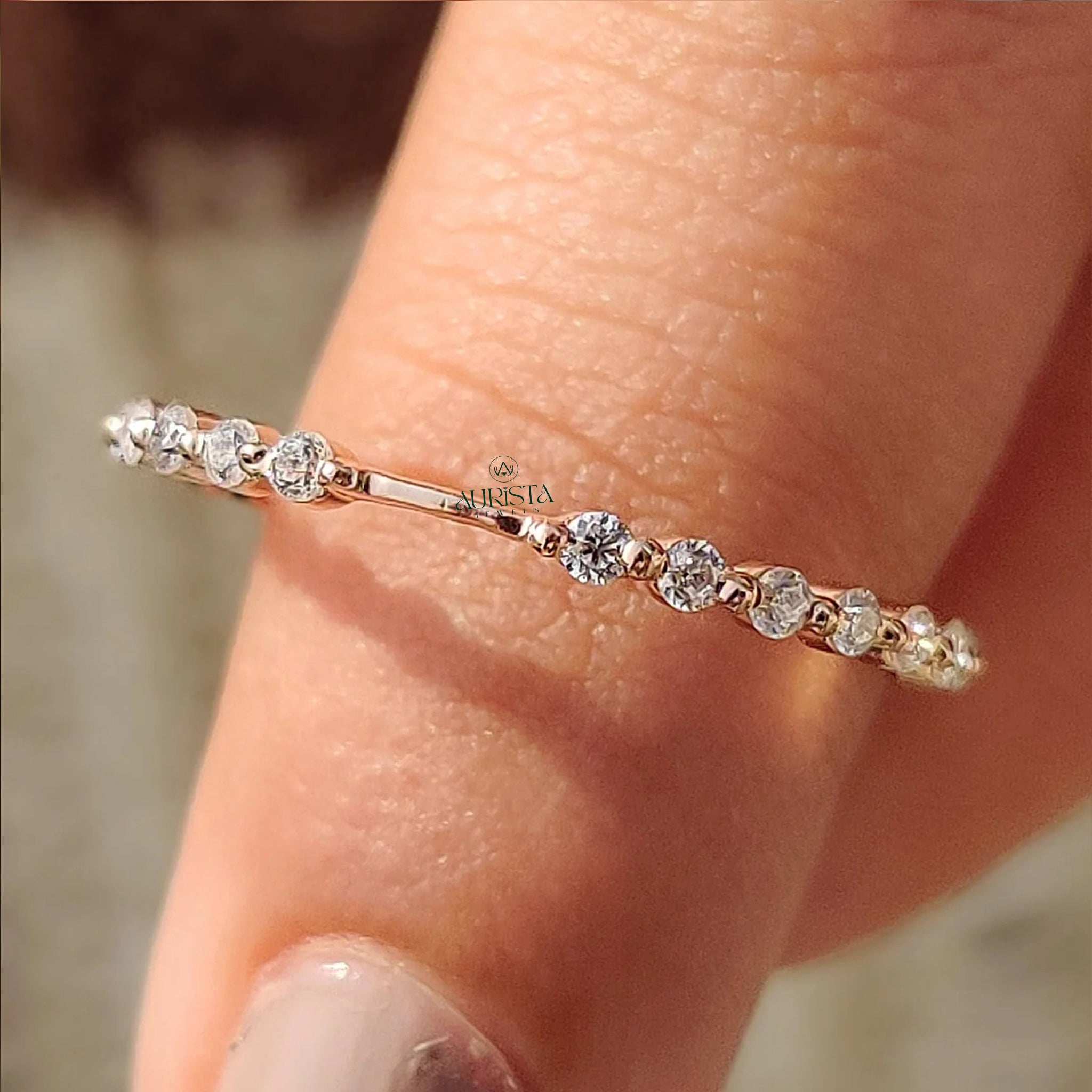 Round Moissanite Diamond Gold Band, Minimalist Stackable Ring, Delicate Jewelry Gift