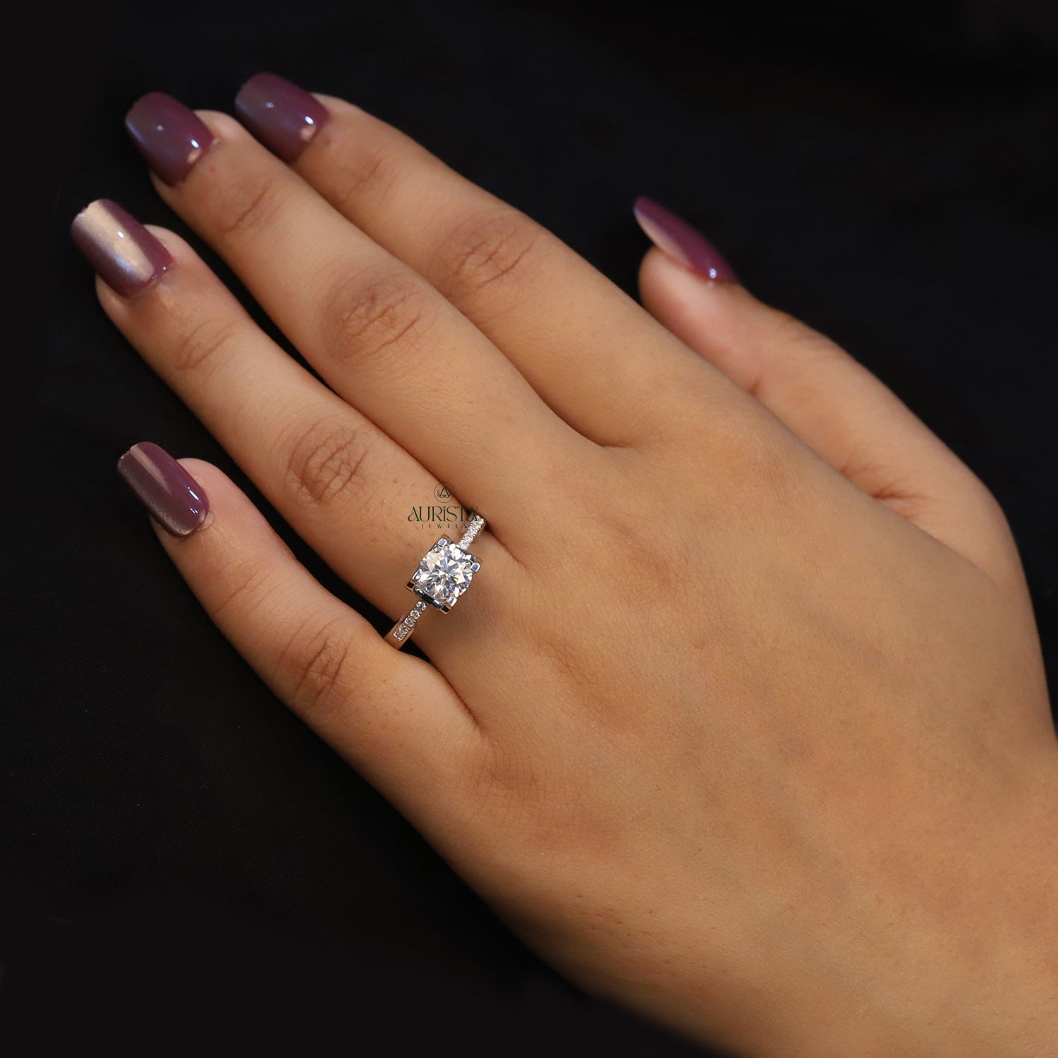 Round Cut Lab Grown Diamond Engagement Ring, Solitaire Ring With Pavé Band