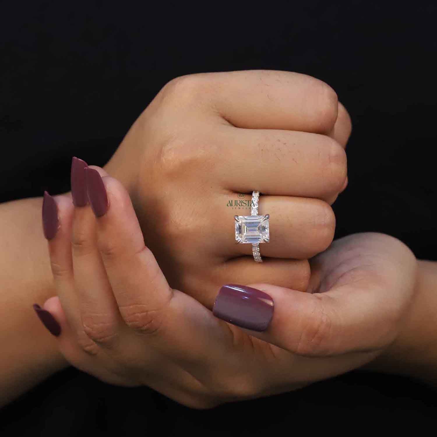 Emerald Cut Lab Grown Diamond Engagement Ring, Pavé Wedding Ring