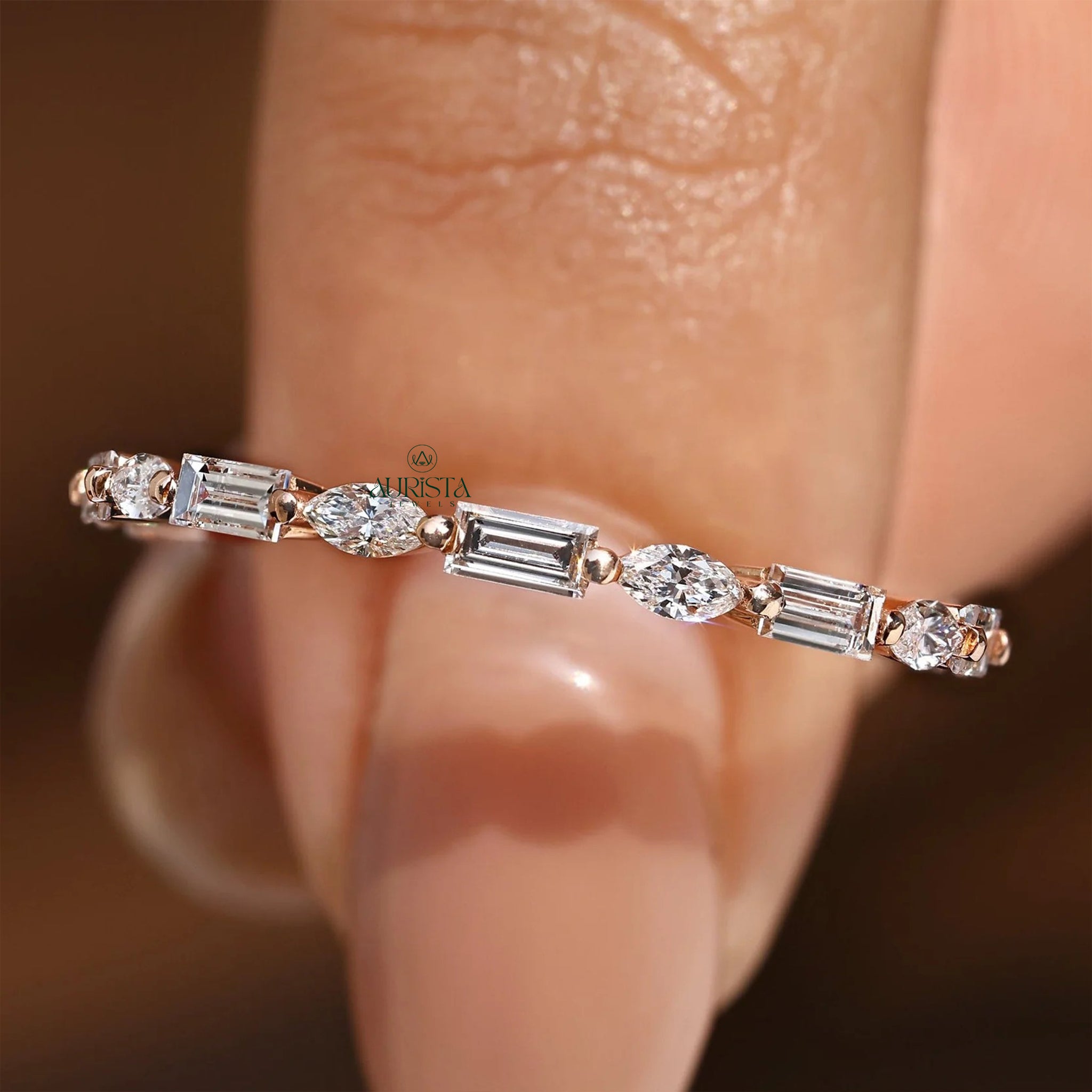 Mixed Cut Moissanite Diamond Band, Marquise & Baguette Gold Stackable Wedding Ring