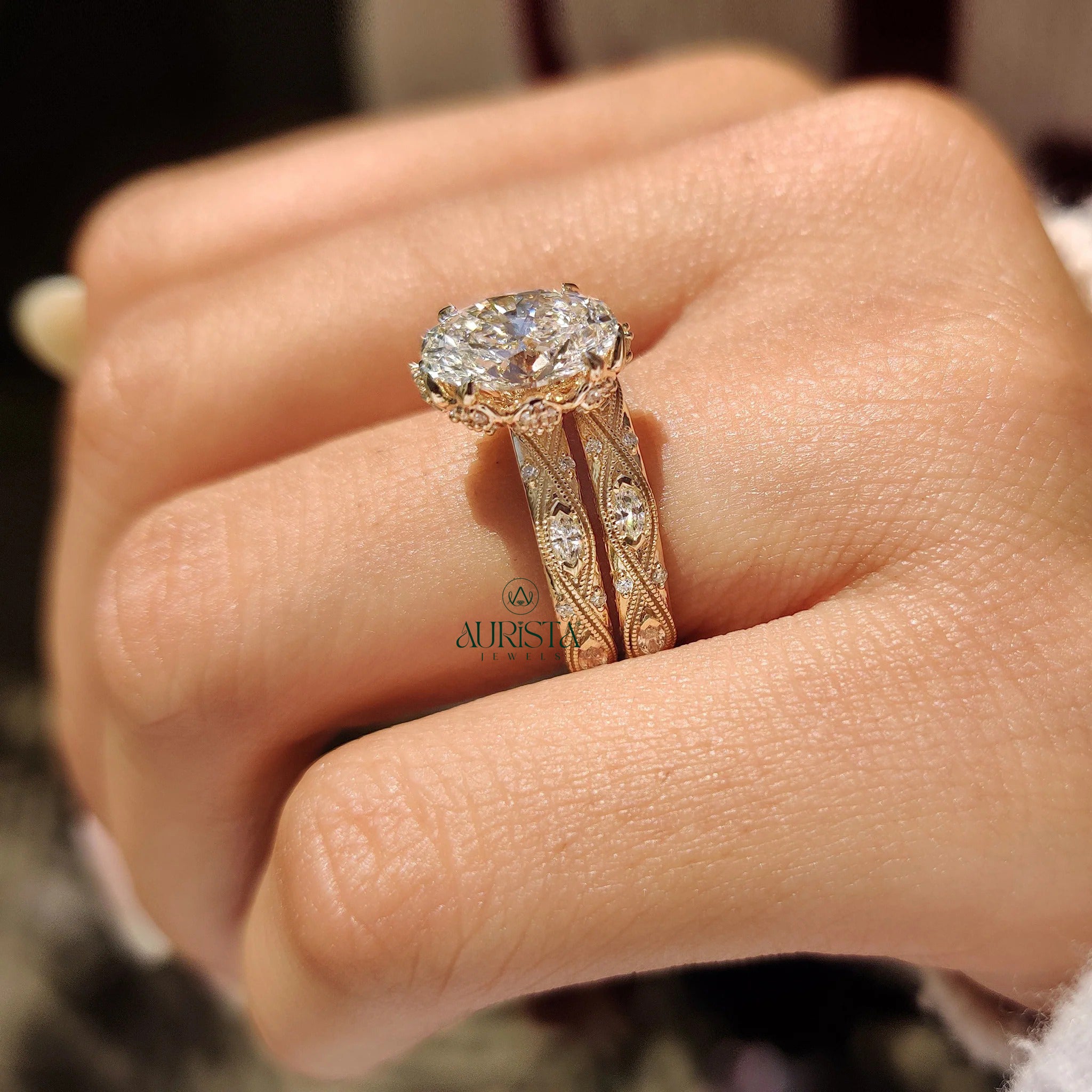 Vintage Oval Diamond Bridal Set - Antique Milgrain Marquise Band Ring