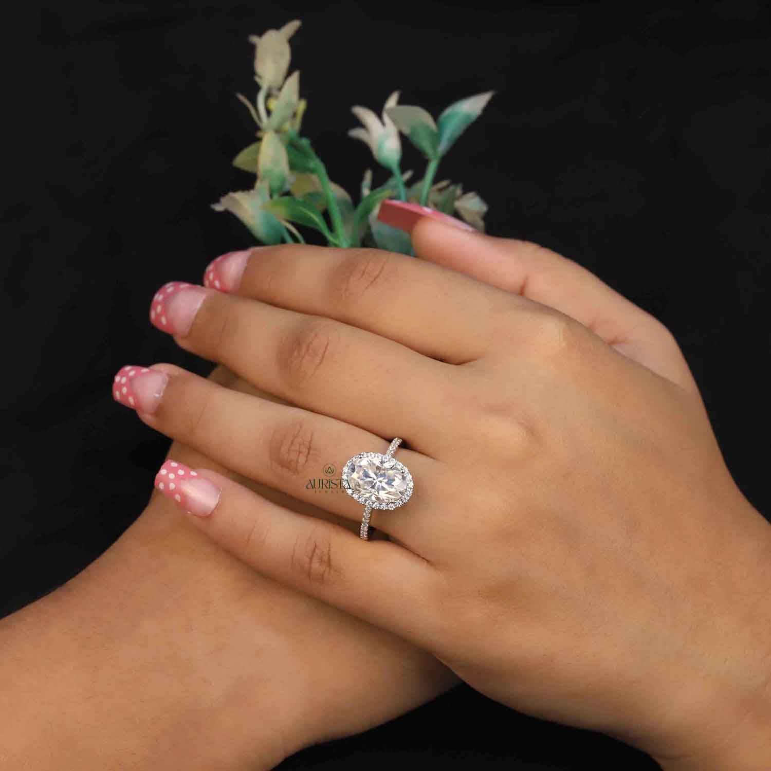 Oval Cut Lab Grown Diamond Halo Engagement Ring, Pavé Wedding Band