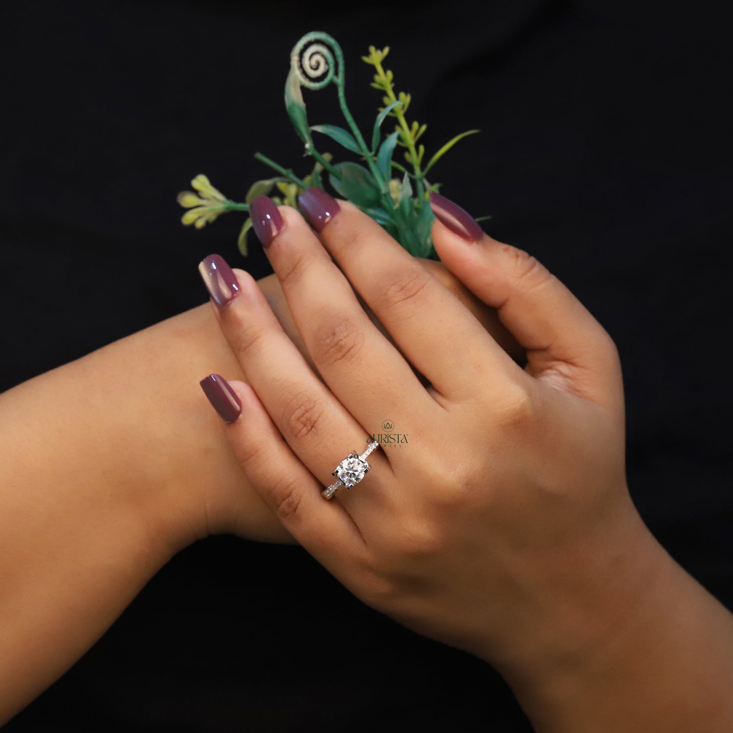 Round Cut Lab Grown Diamond Engagement Ring, Solitaire Ring With Pavé Band