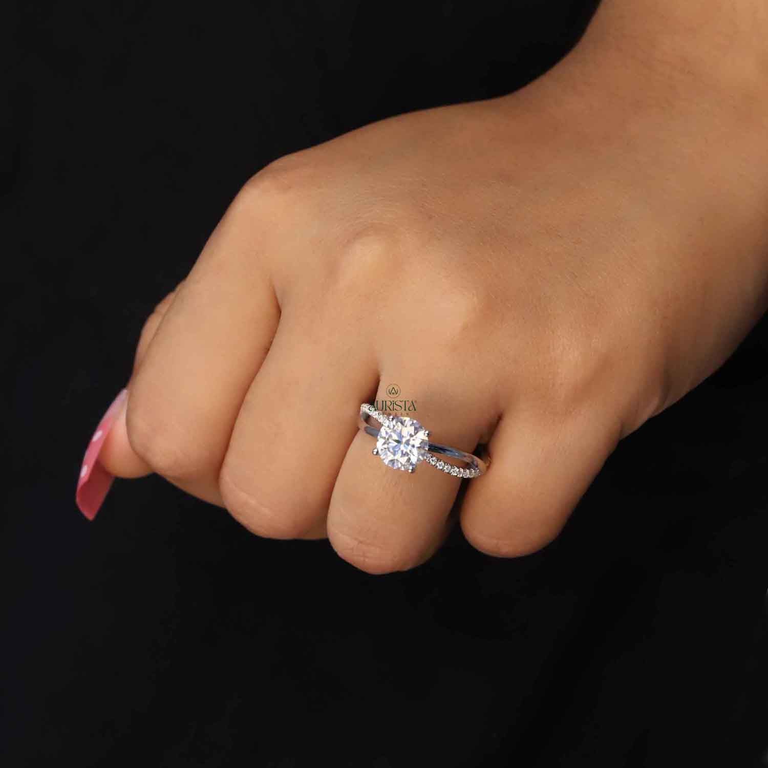 Round Cut Lab Grown Diamond Twist Ring, Pavé Engagement Wedding Ring