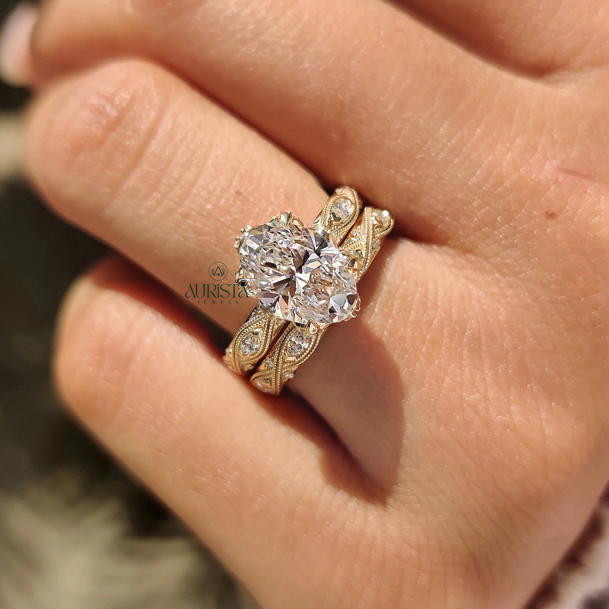 Vintage Oval Diamond Bridal Set - Antique Milgrain Marquise Band Ring