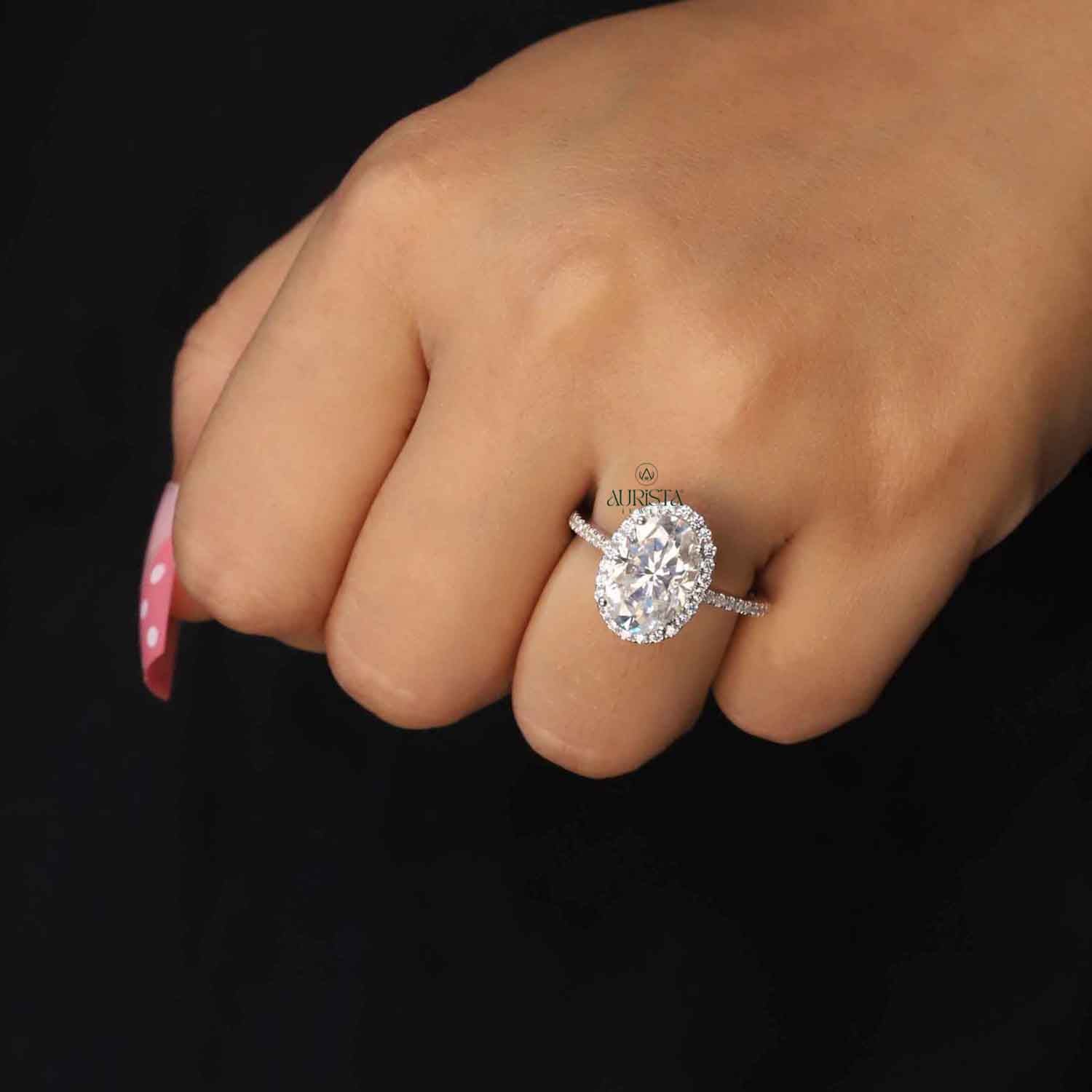 Oval Cut Lab Grown Diamond Halo Engagement Ring, Pavé Wedding Band