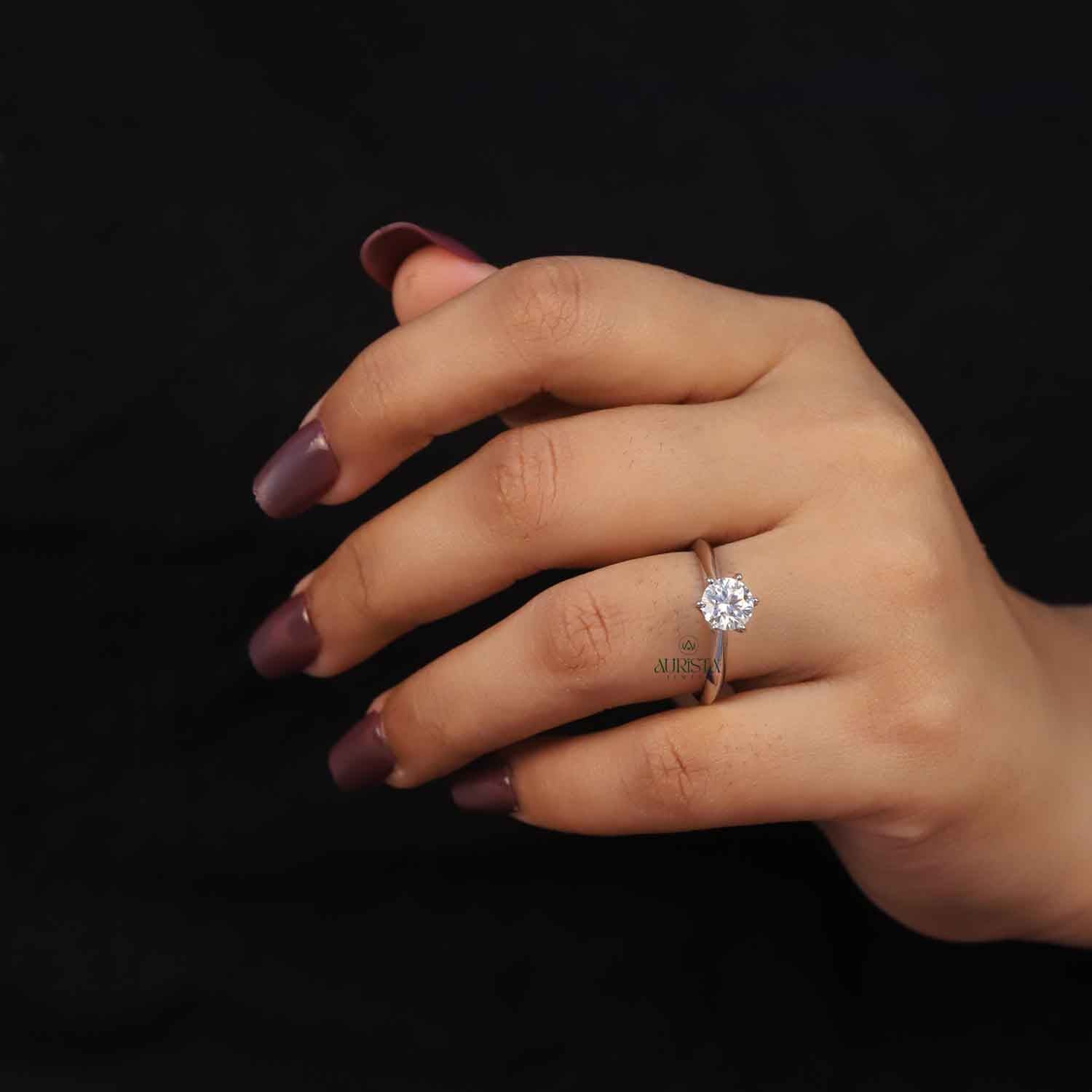 Round Cut Lab Grown Diamond Engagement Ring, White Gold Side Stone Anniversary Gift
