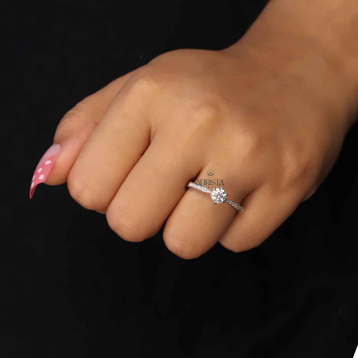 Round Cut Lab Grown Diamond ,  Side Stone,White Gold, Engagement Ring
