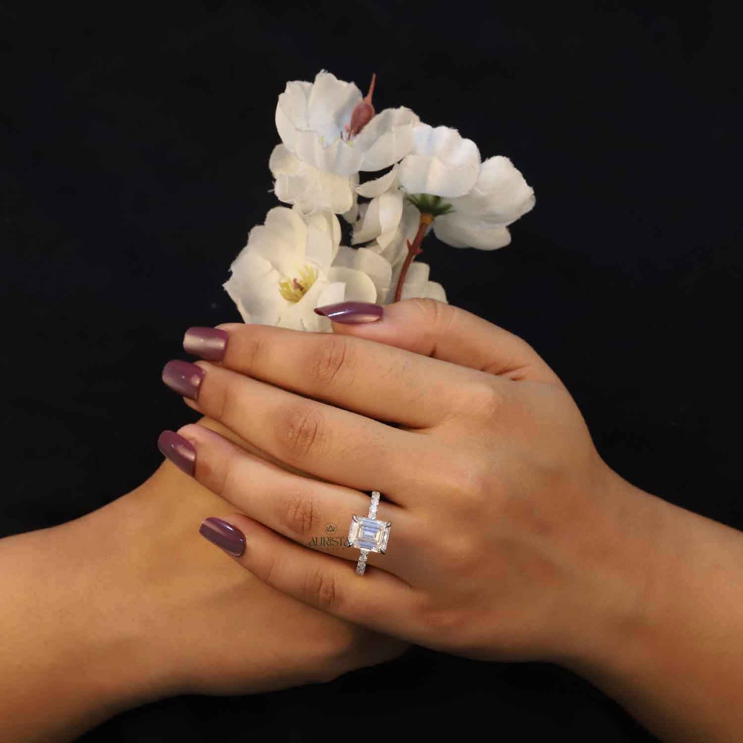 Emerald Cut Lab Grown Diamond Engagement Ring, Pavé Wedding Ring