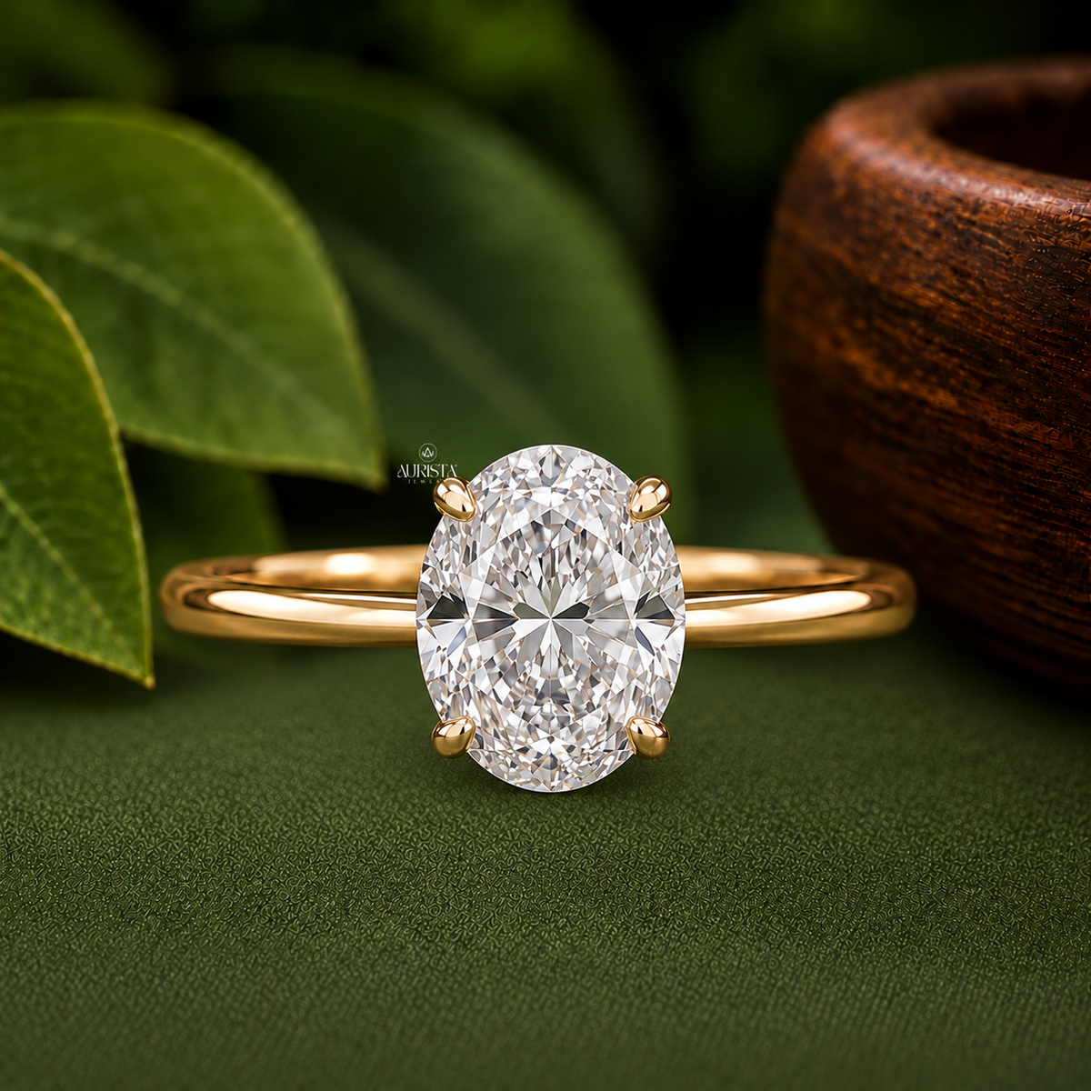 2 CT Oval Lab Grown Diamond Ring, Hidden Halo Engagement Ring, Solitaire Gold Band