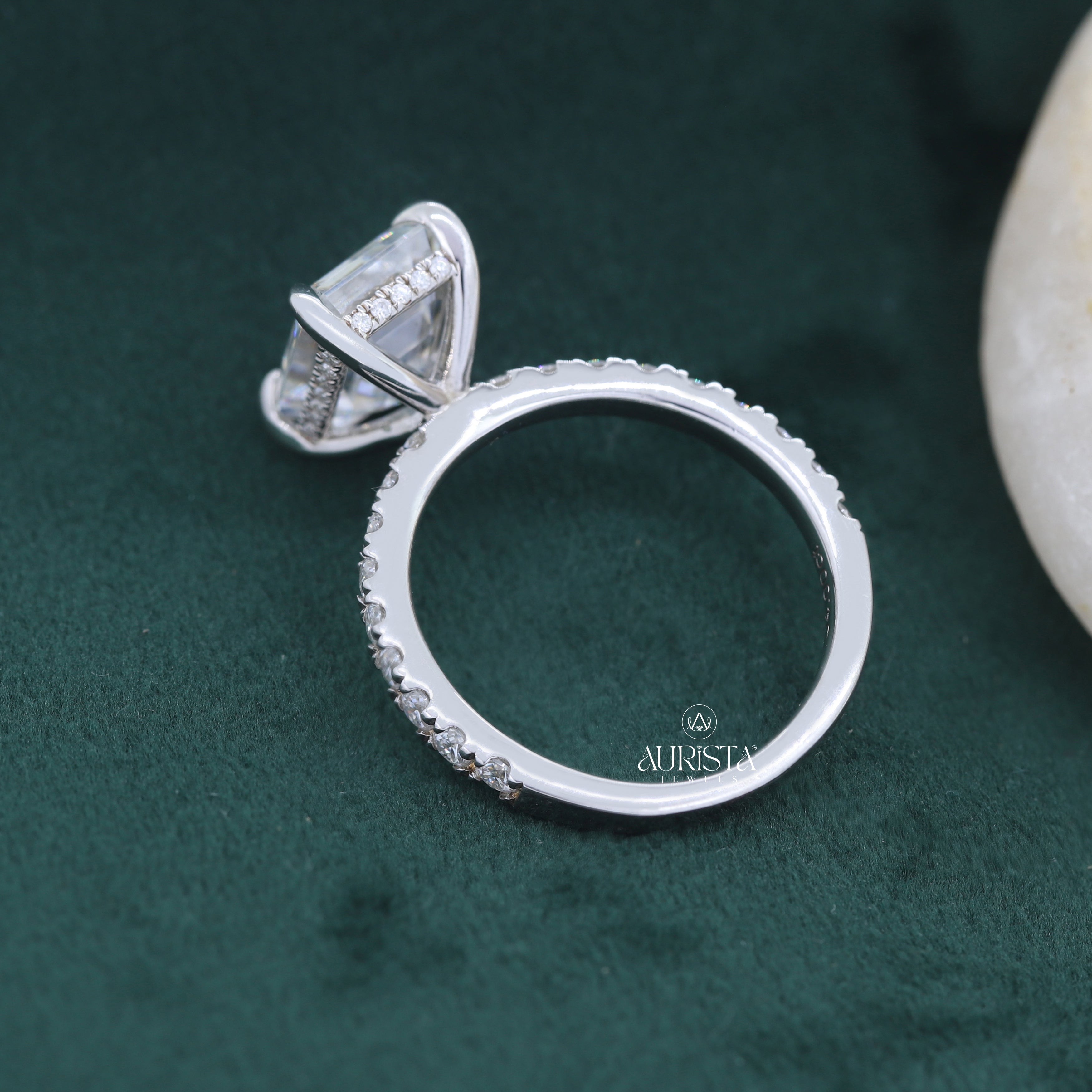 Emerald Cut Lab Grown Diamond Engagement Ring, Pavé Wedding Ring