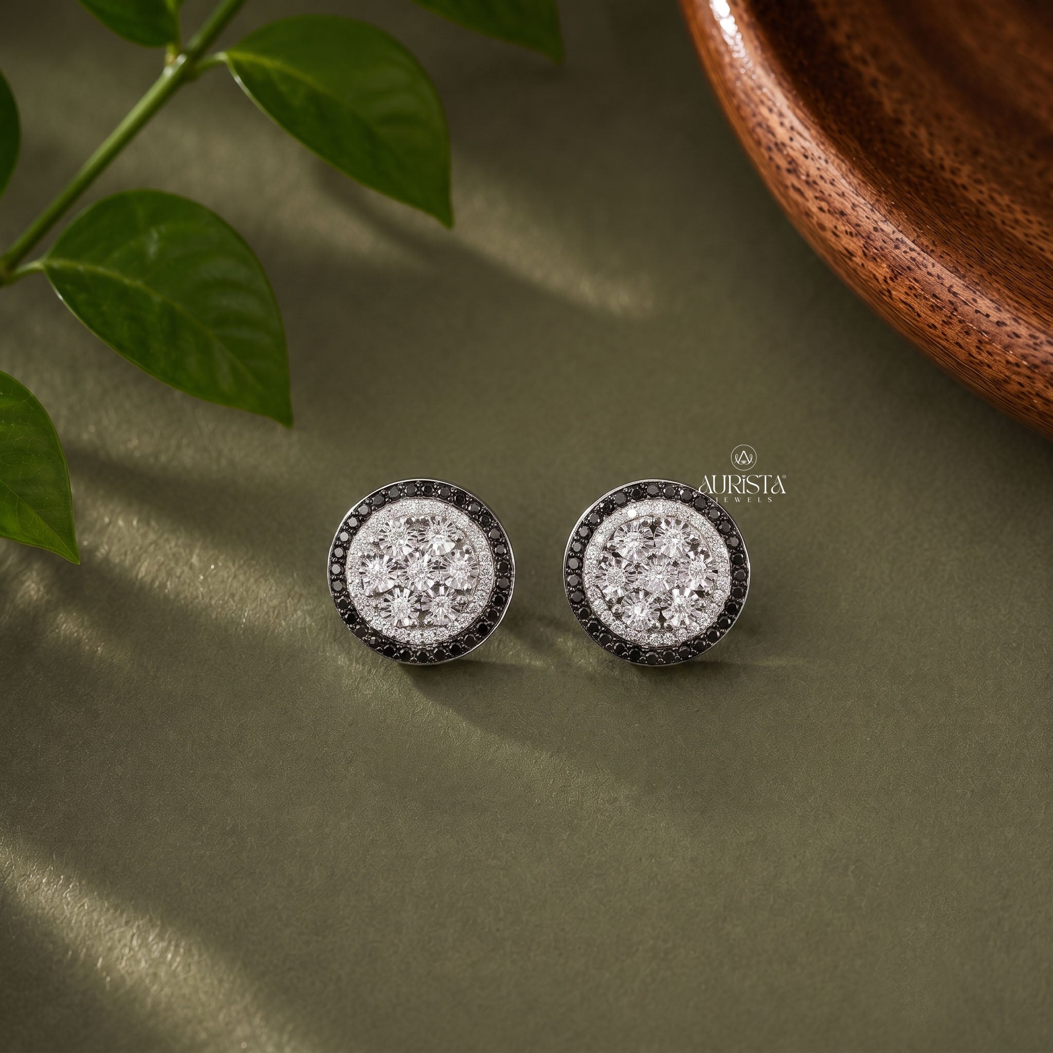 Iced Out Round Cluster Moissanite Hip Hop Stud Earrings with Black Accent Halo