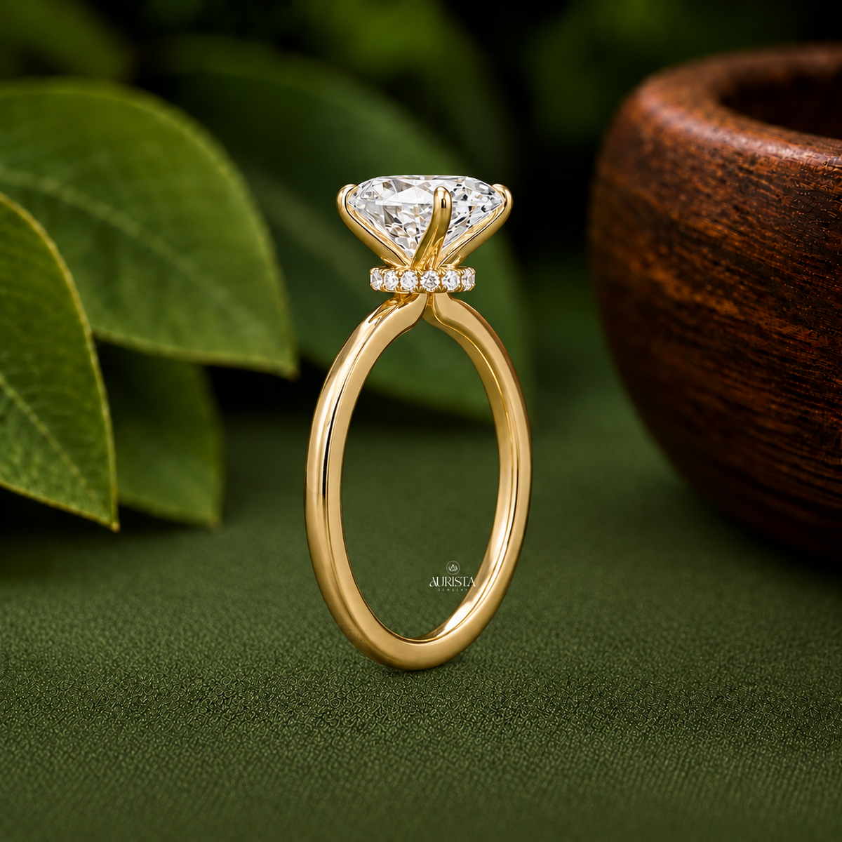 2 CT Oval Lab Grown Diamond Ring, Hidden Halo Engagement Ring, Solitaire Gold Band