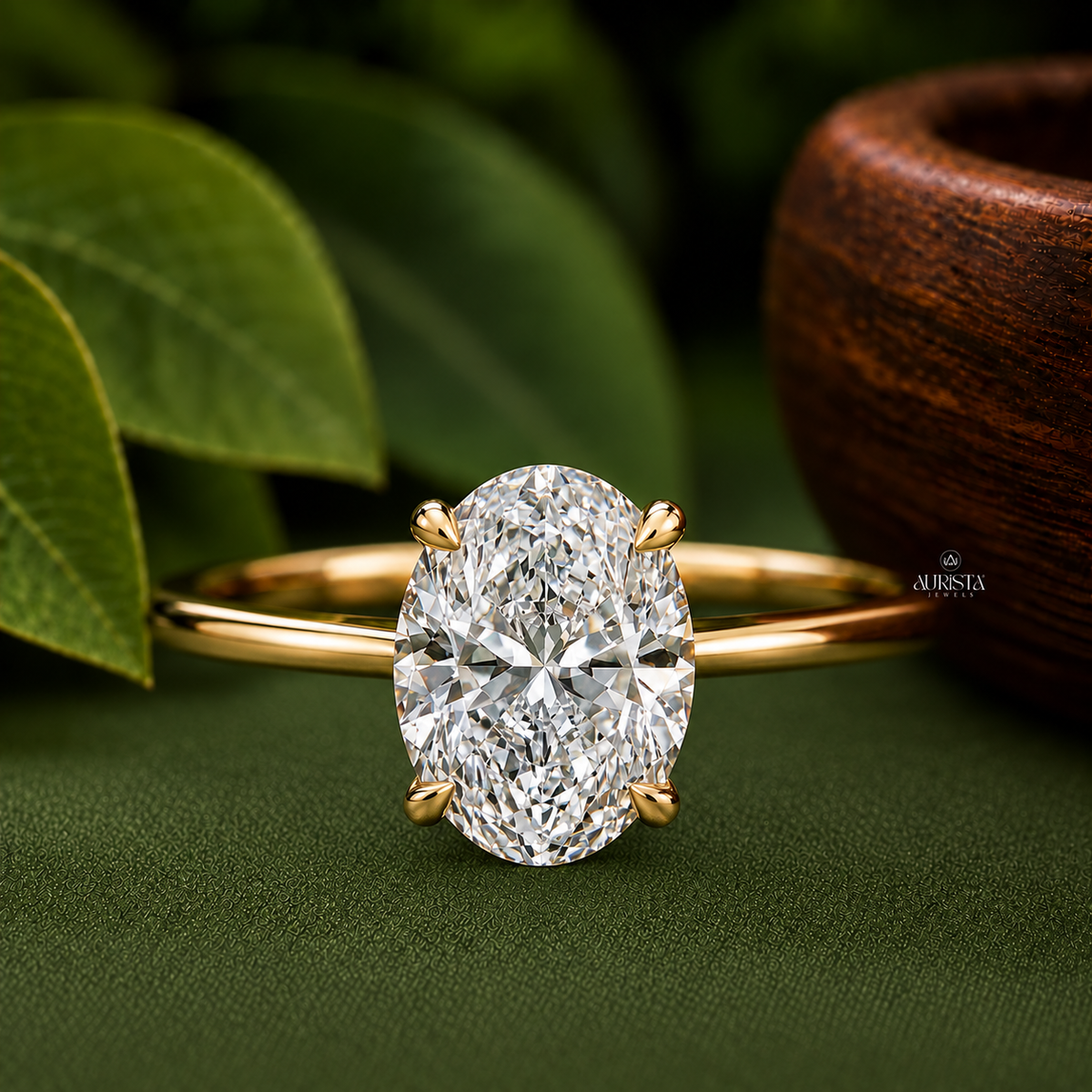 2CT Oval Lab Grown Diamond Engagement Ring, 14k Yellow Gold Hidden Halo Solitaire