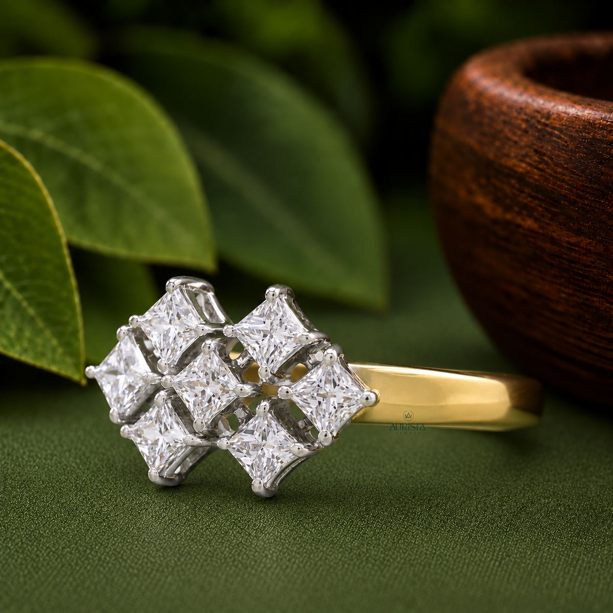 Princess Cut Lab Grown Diamond Cluster Ring, Unique Geometric Statement Wedding Band