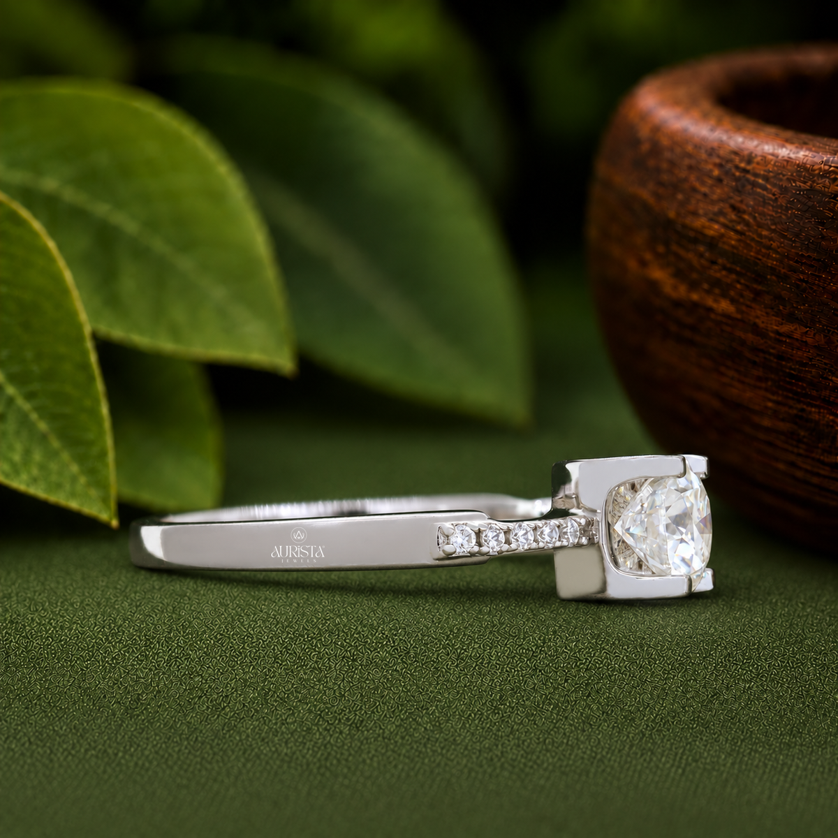 Round Cut Lab Grown Diamond Engagement Ring, Solitaire Ring With Pavé Band