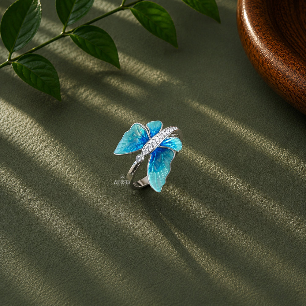 Blue Butterfly Moissanite Ring Round Cut Enamel Statement Animal Ring For Women