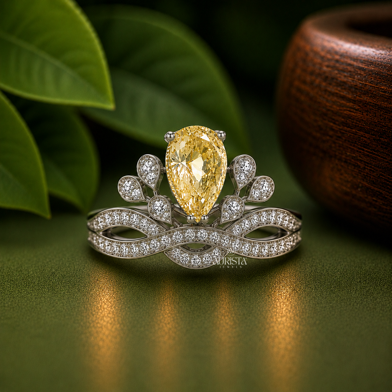 Yellow Pear Lab Grown in Diamond Crown Ring Intertwined Statement Band