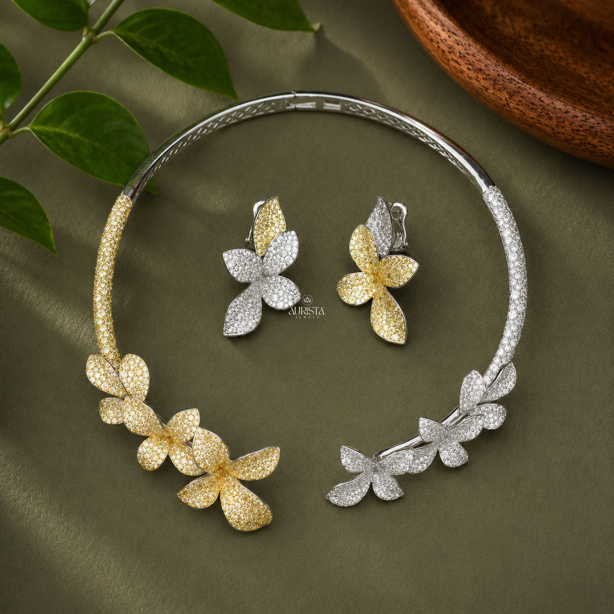 Two Tone Floral Moissanite Choker Set - Yellow & White Gemstone Flower Jewelry