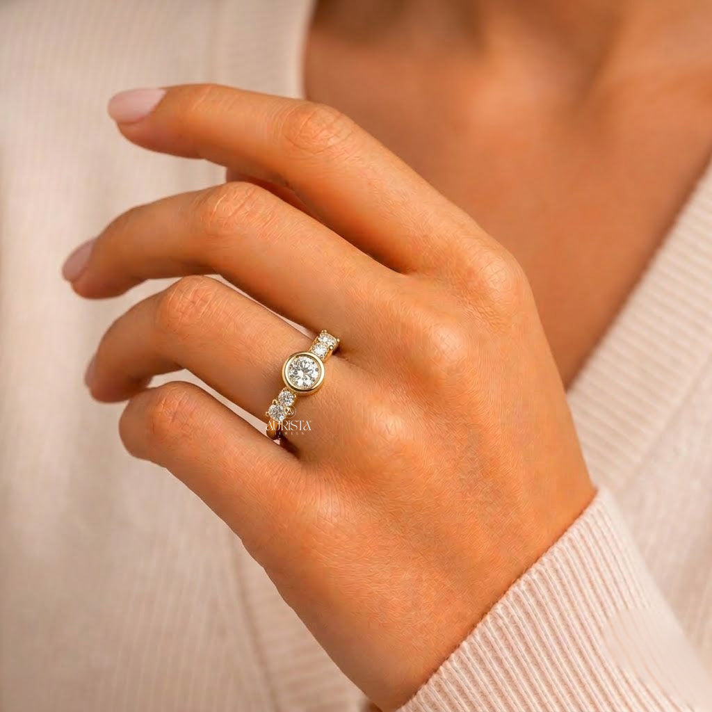 Lab Grown Diamond Gold Bezel Cluster Ring Multi Stone Statement Band Modern Ring