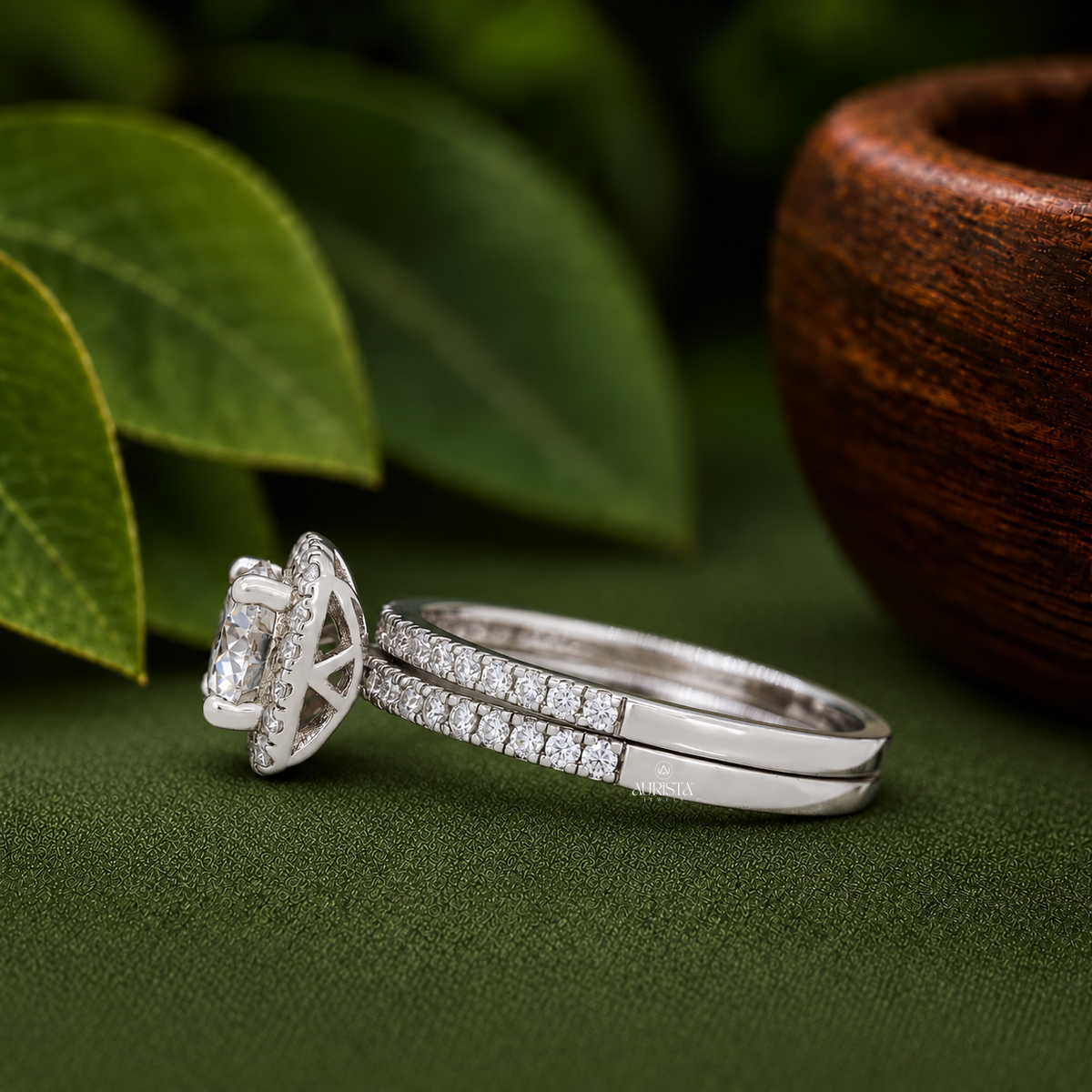 3CT Round Cut Lab Grown Diamond Bridal Set, Halo Engagement Ring & Eternity Band