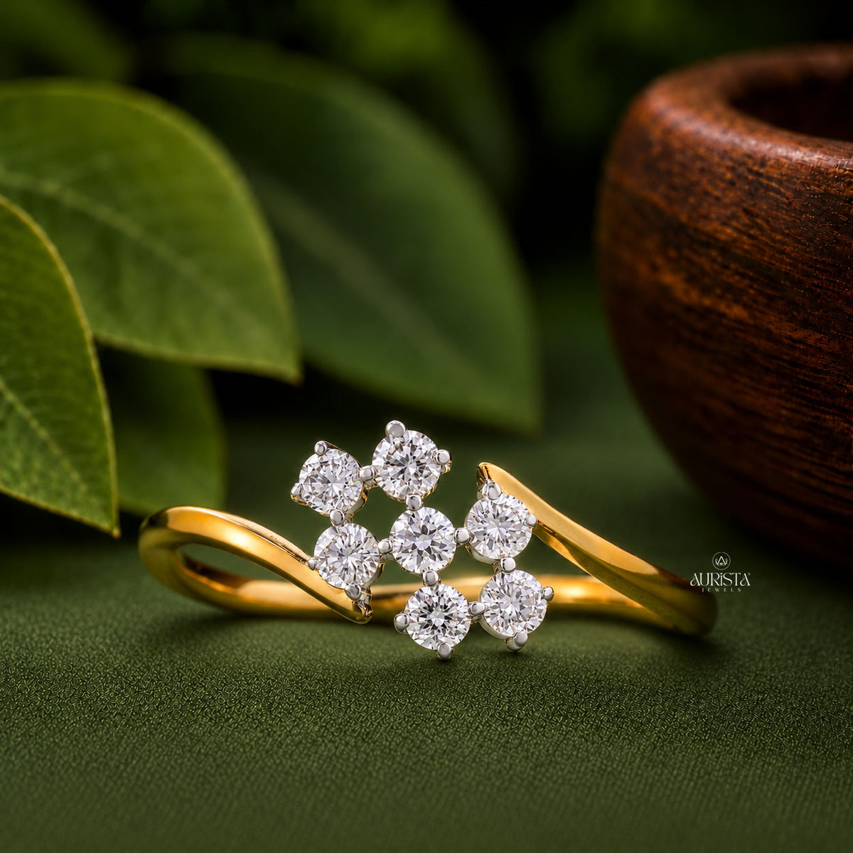 Round Cut Lab Grown Diamond Cluster Ring, Unique Bypass Gold Band, Statement Ring