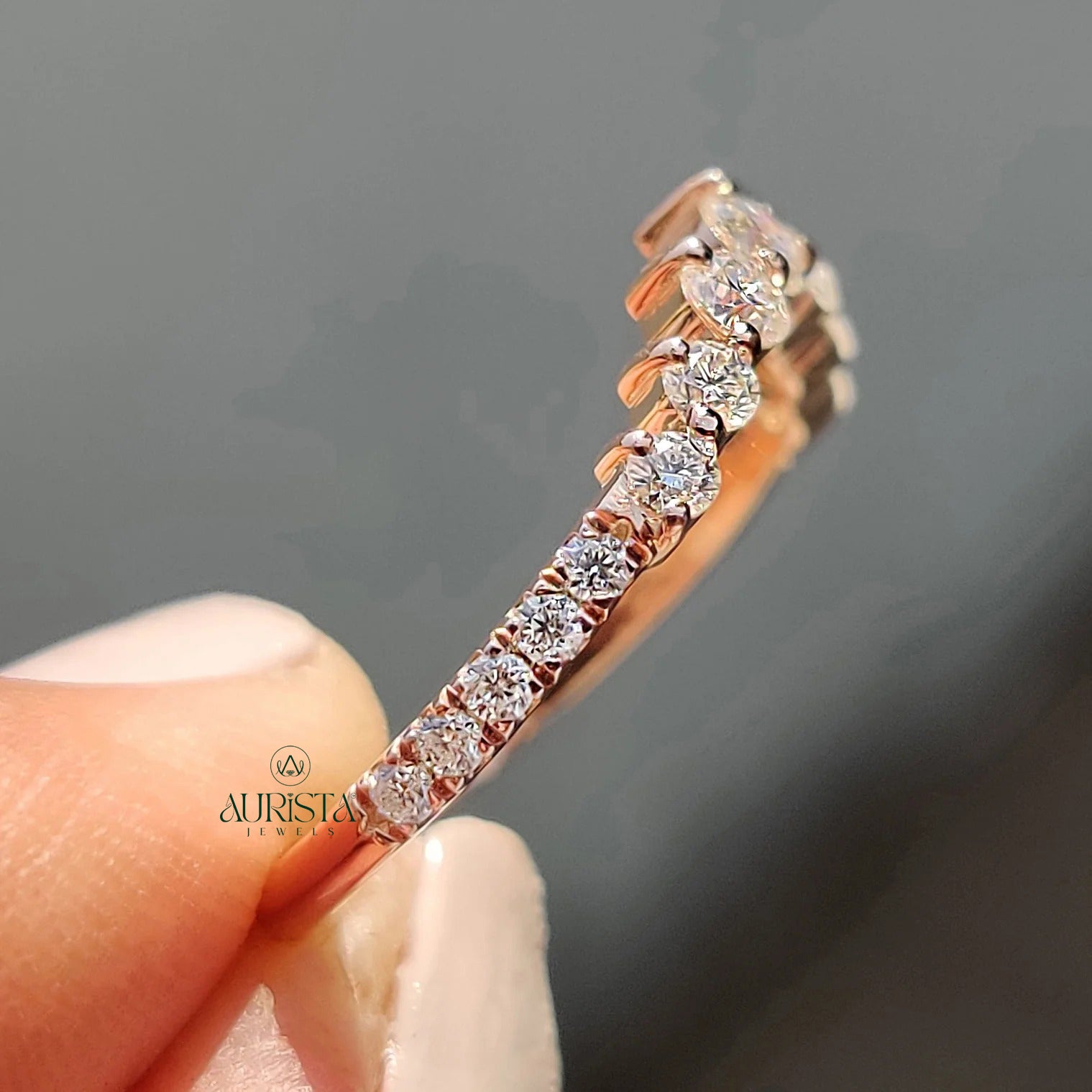 Moissanite Diamond Chevron Stackable Wedding Ring Rose Gold Dainty Curved Band
