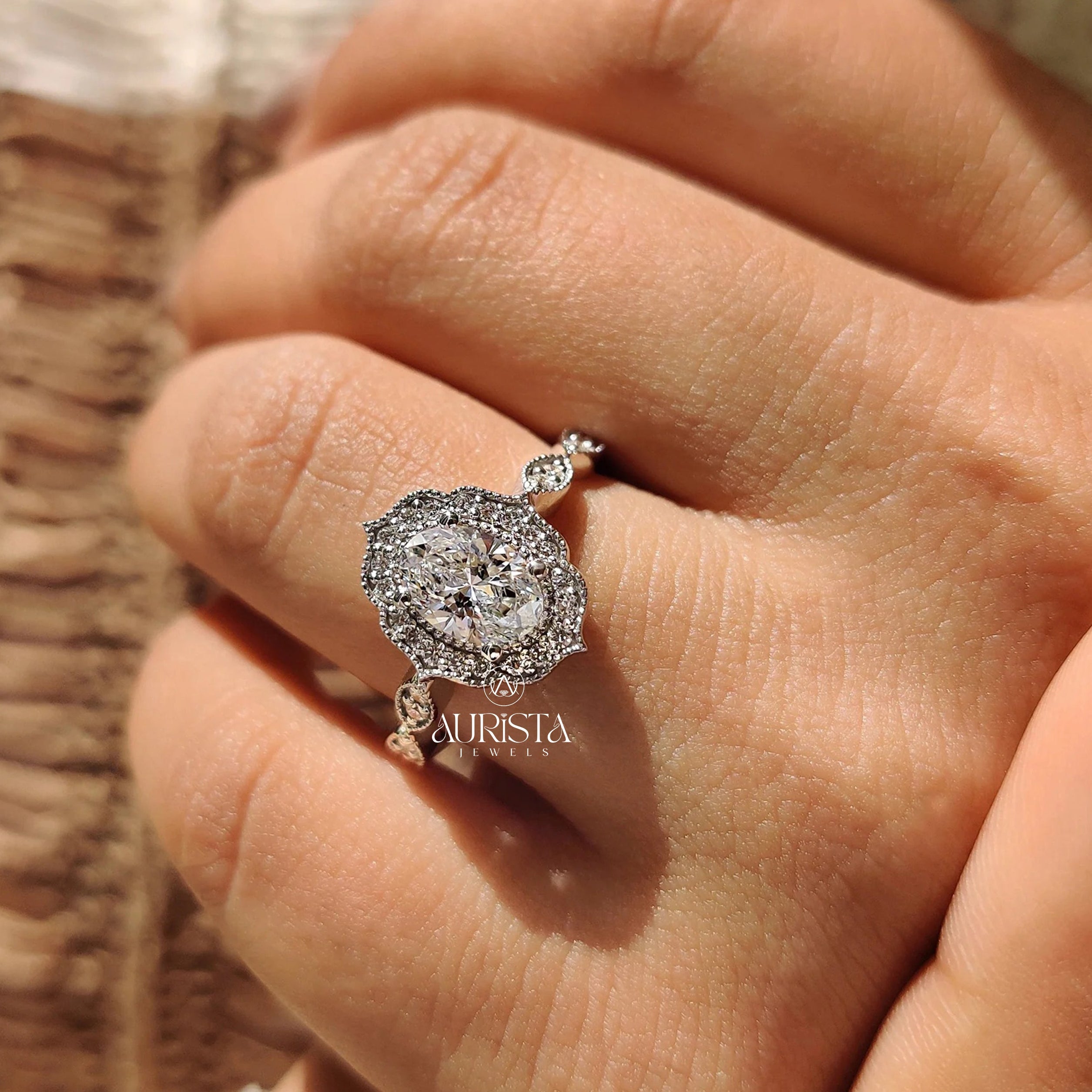 The Antique Blossom: Oval Diamond Scalloped Halo Ring