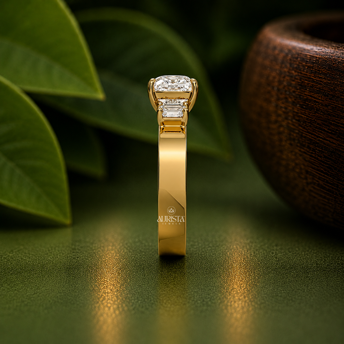 Cushion & Emerald Lab Grown Diamond Three Stone Ring, Thick Band Engagement Ring Band