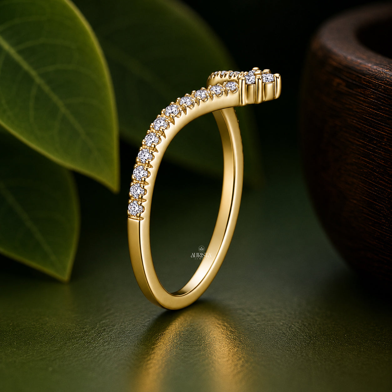 Round & Pear Lab Grown Diamond Crown Ring, Chevron Statement Wedding Band Set