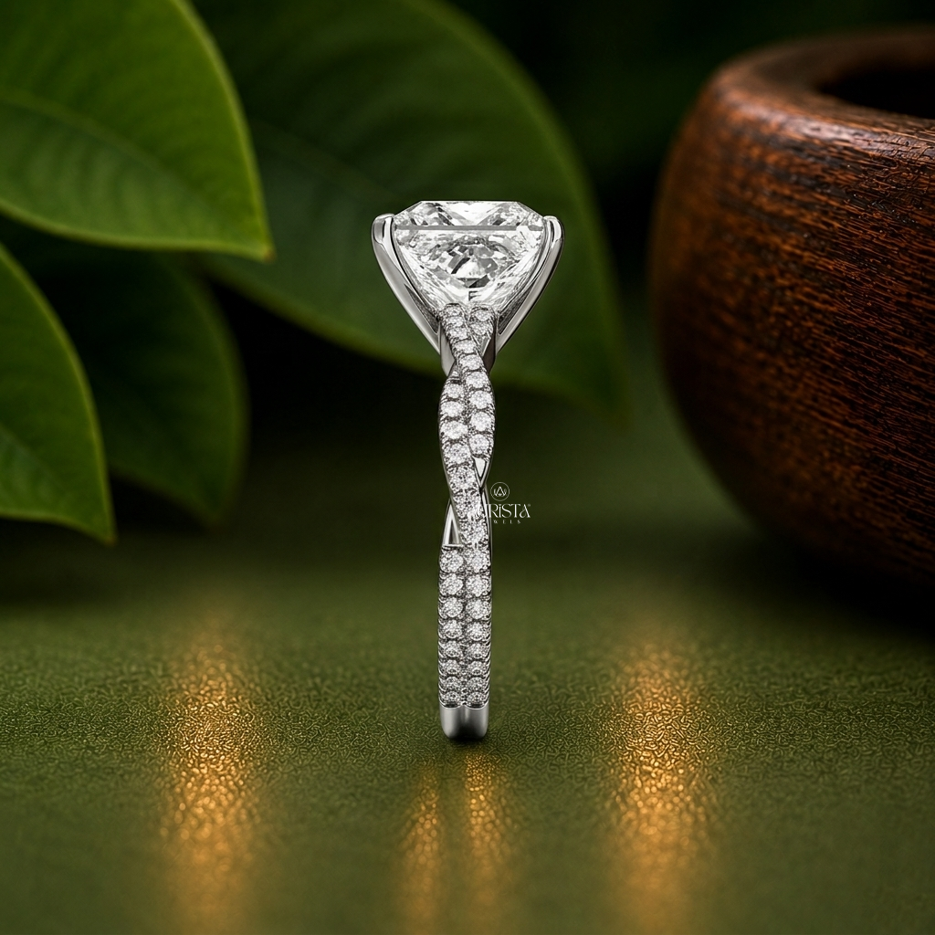 2.00ct Princess Shape Lab Grown Diamond Ring, Twisted Pave Band Bridal Jewelry