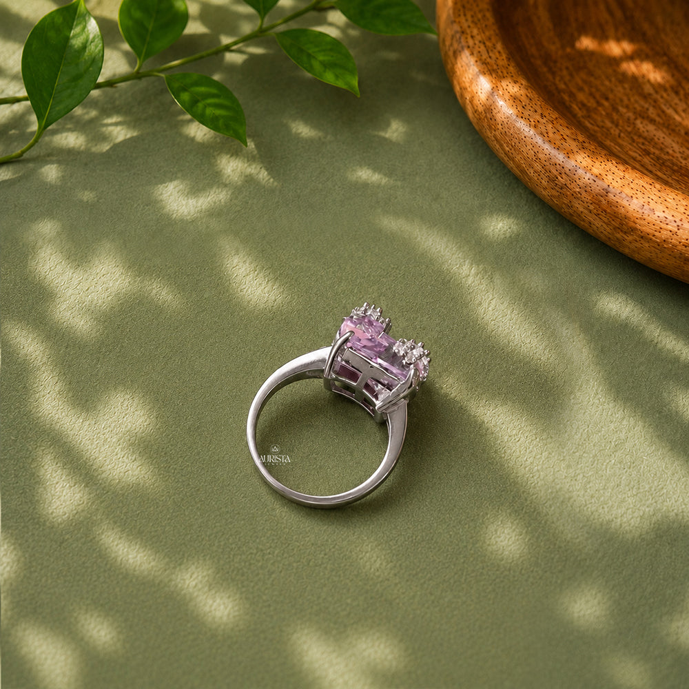 Emerald Cut Purple Gemstone Ring Solitaire Moissanite Engagement Ring Silver Statement