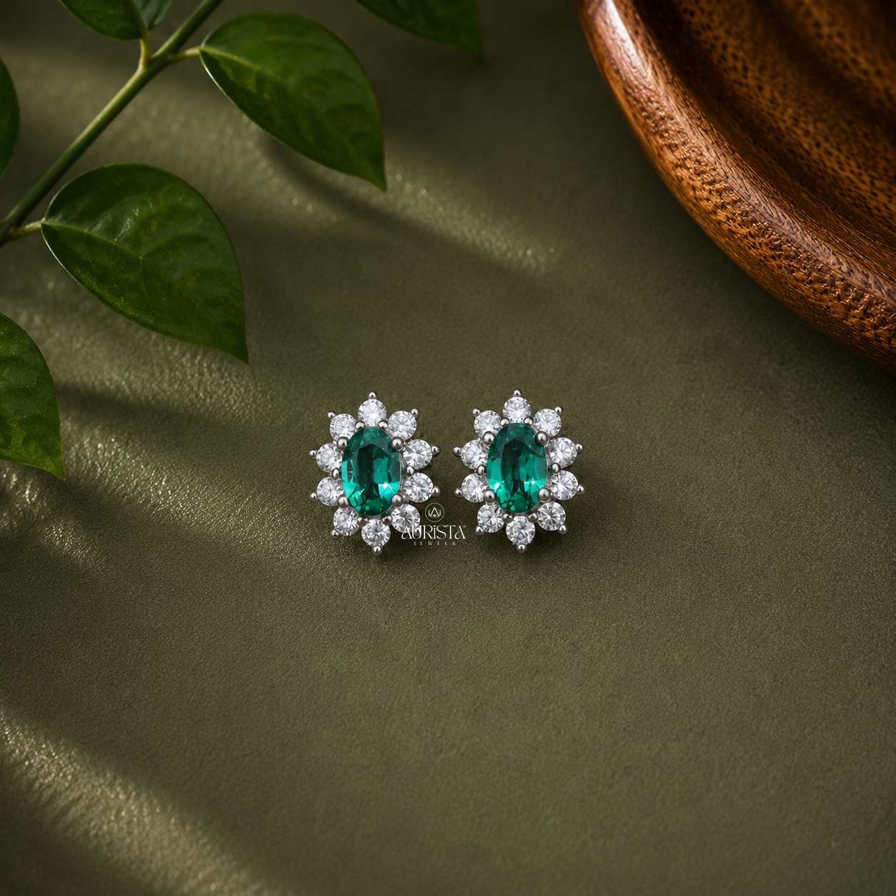 Green Oval Cut Lab Grown in Diamond Halo Stud Earrings Chic Jewelry