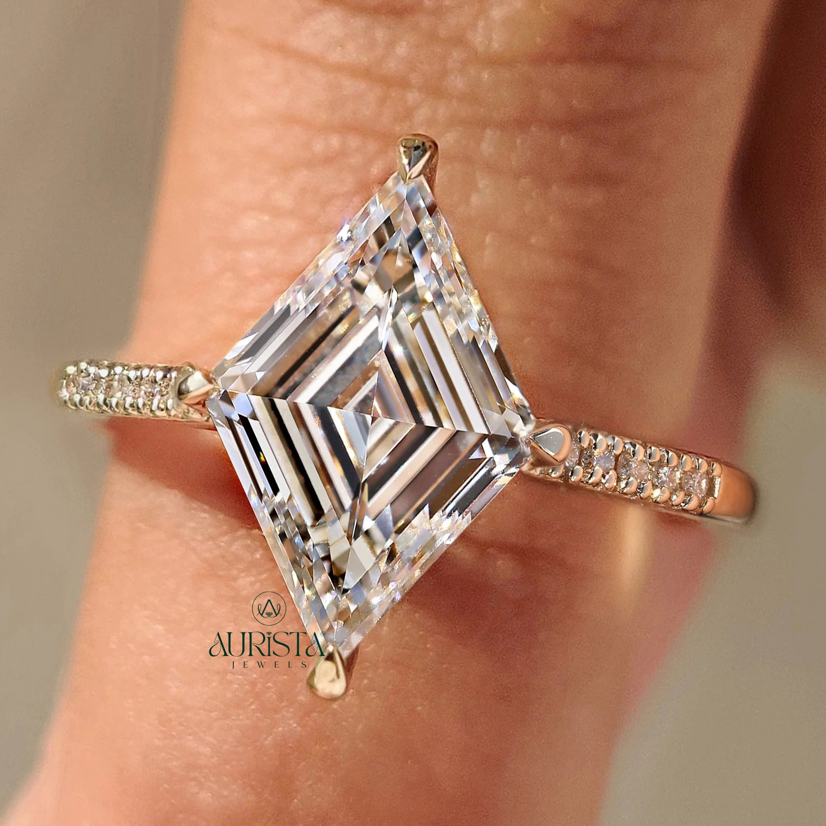 Elegant Lozenge Cut Diamond Ring with Timeless Pave Elegance