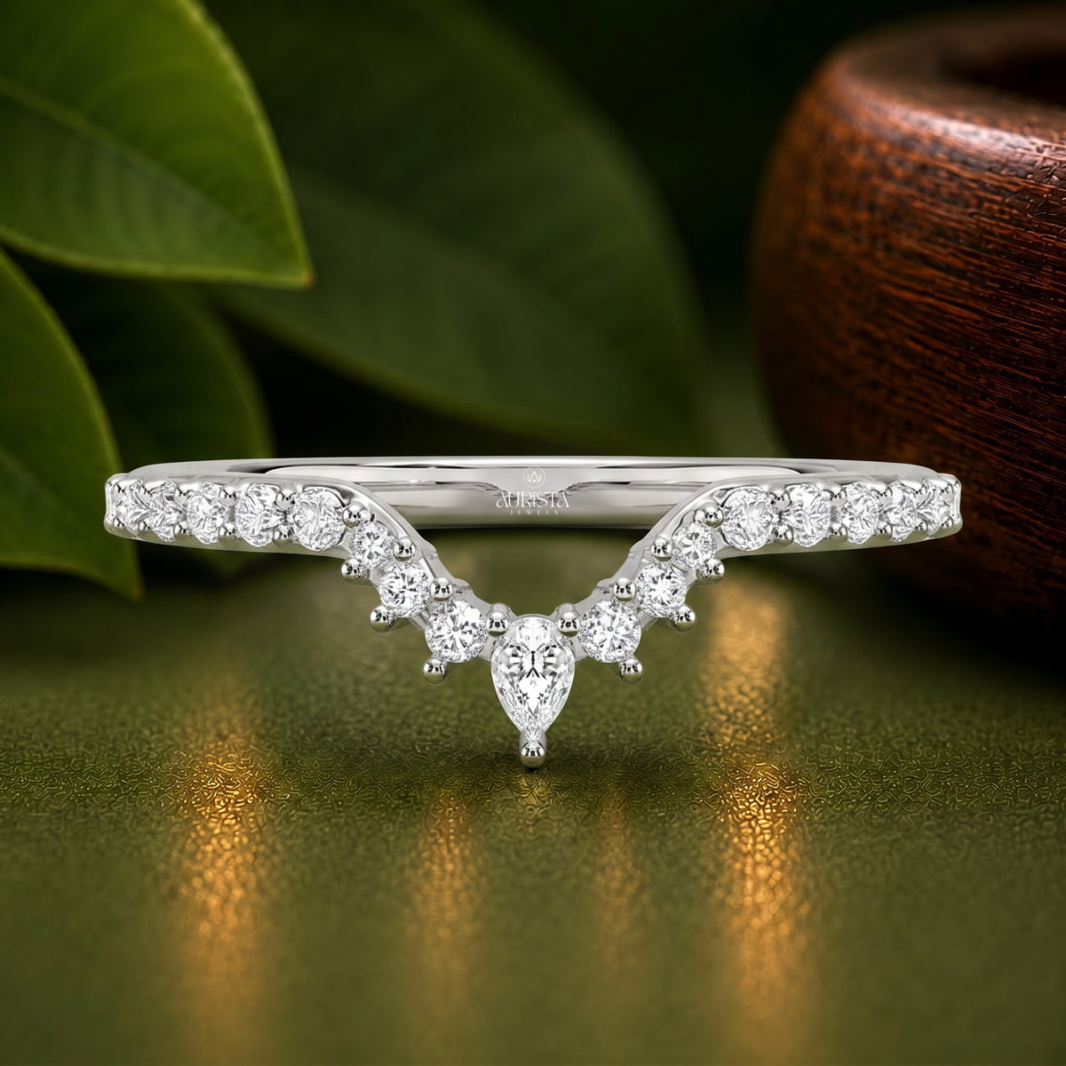 Curved Wedding Band, Moissanite Diamond V-Shape Nesting Ring In White Gold Pave Set