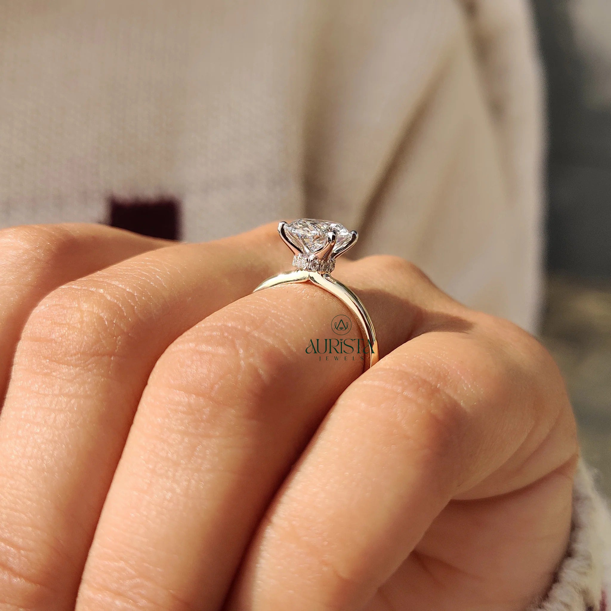 Oval Cut Diamond Solitaire Ring with Hidden Halo