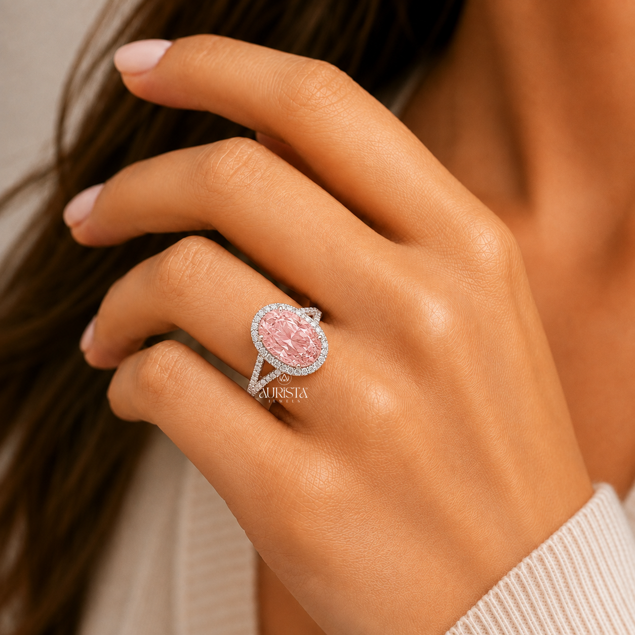 Lab Grown in Diamond Pink Oval Halo Engagement Ring Split Shank Statement Band