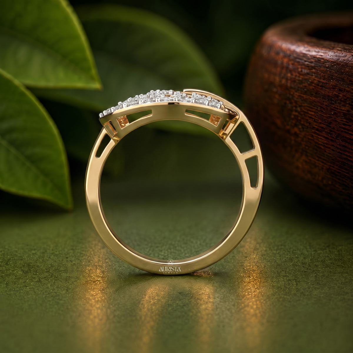 Round Lab Grown Diamond Flower Motif Statement Band In Yellow Gold Fine Jewelry
