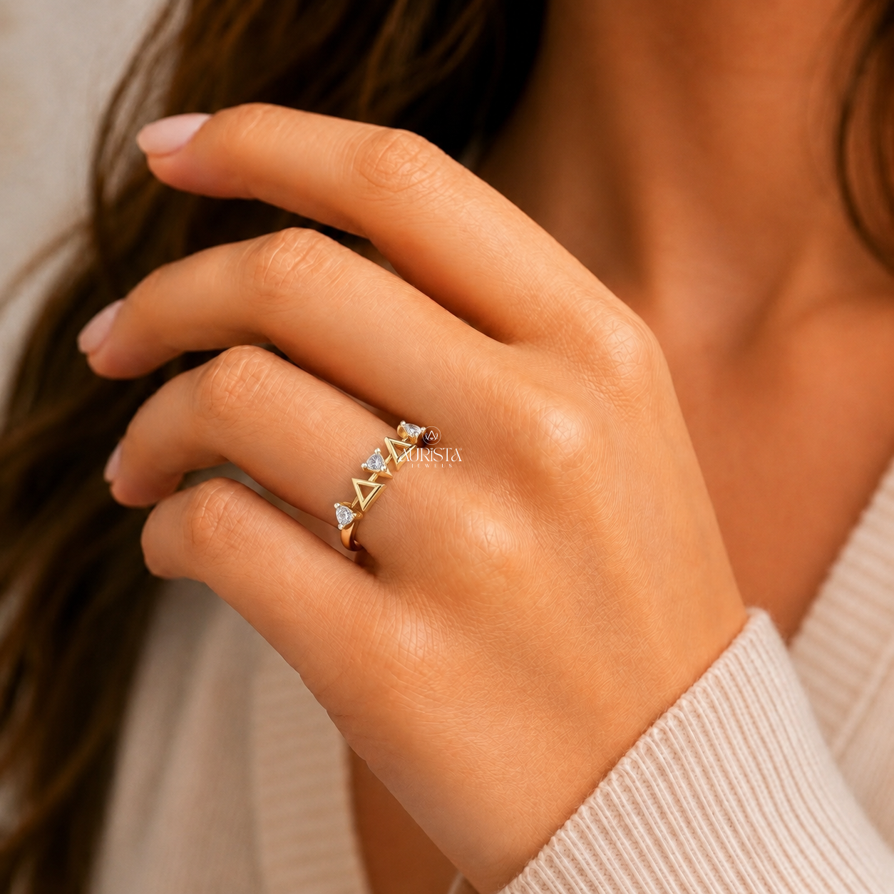 Lab Grown Diamond Gold Trillion Ring Modern Geometric Statement Band Stackable