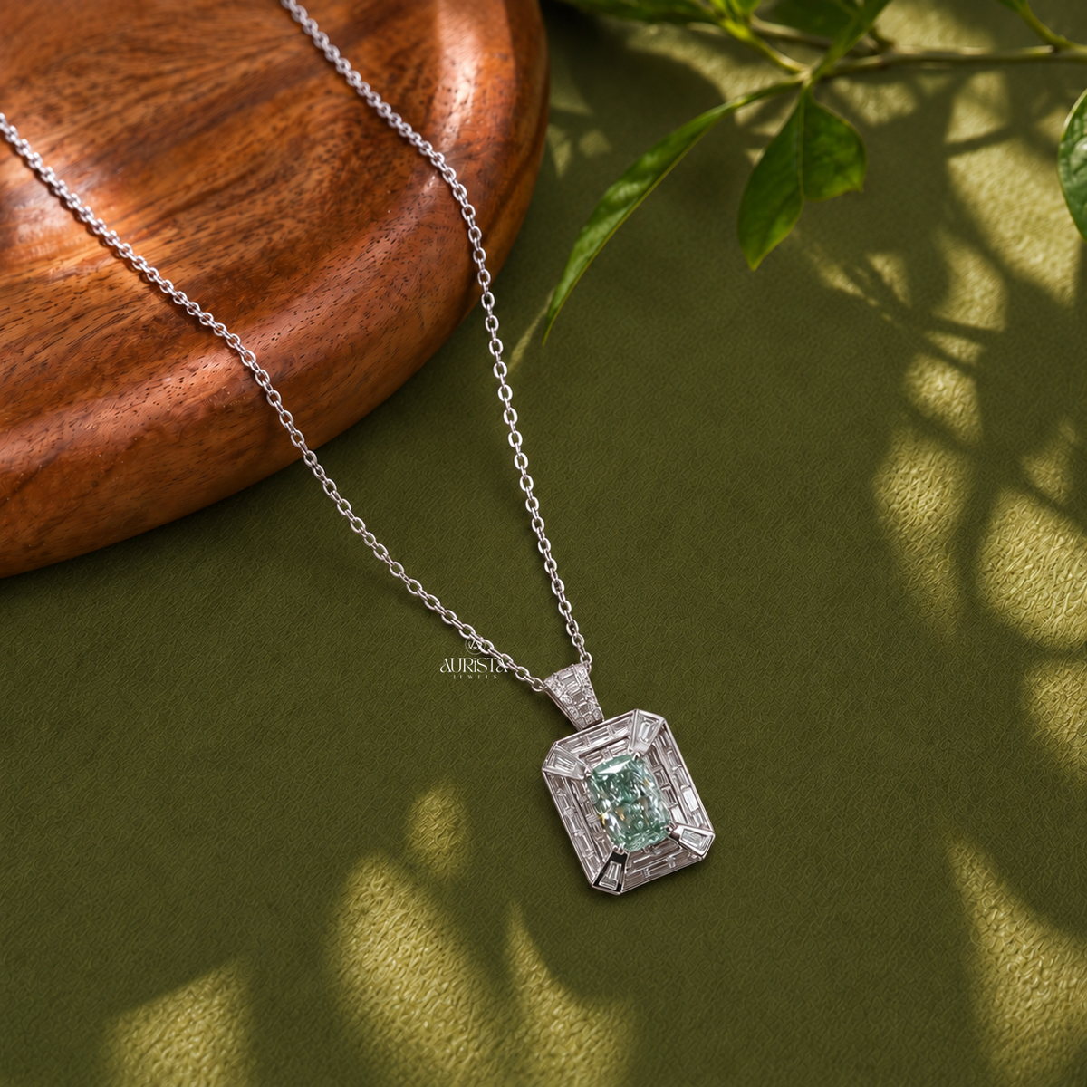 Green Color Diamond Halo Pendant Necklace Lab Grown in Diamond Silver Fine Jewelry