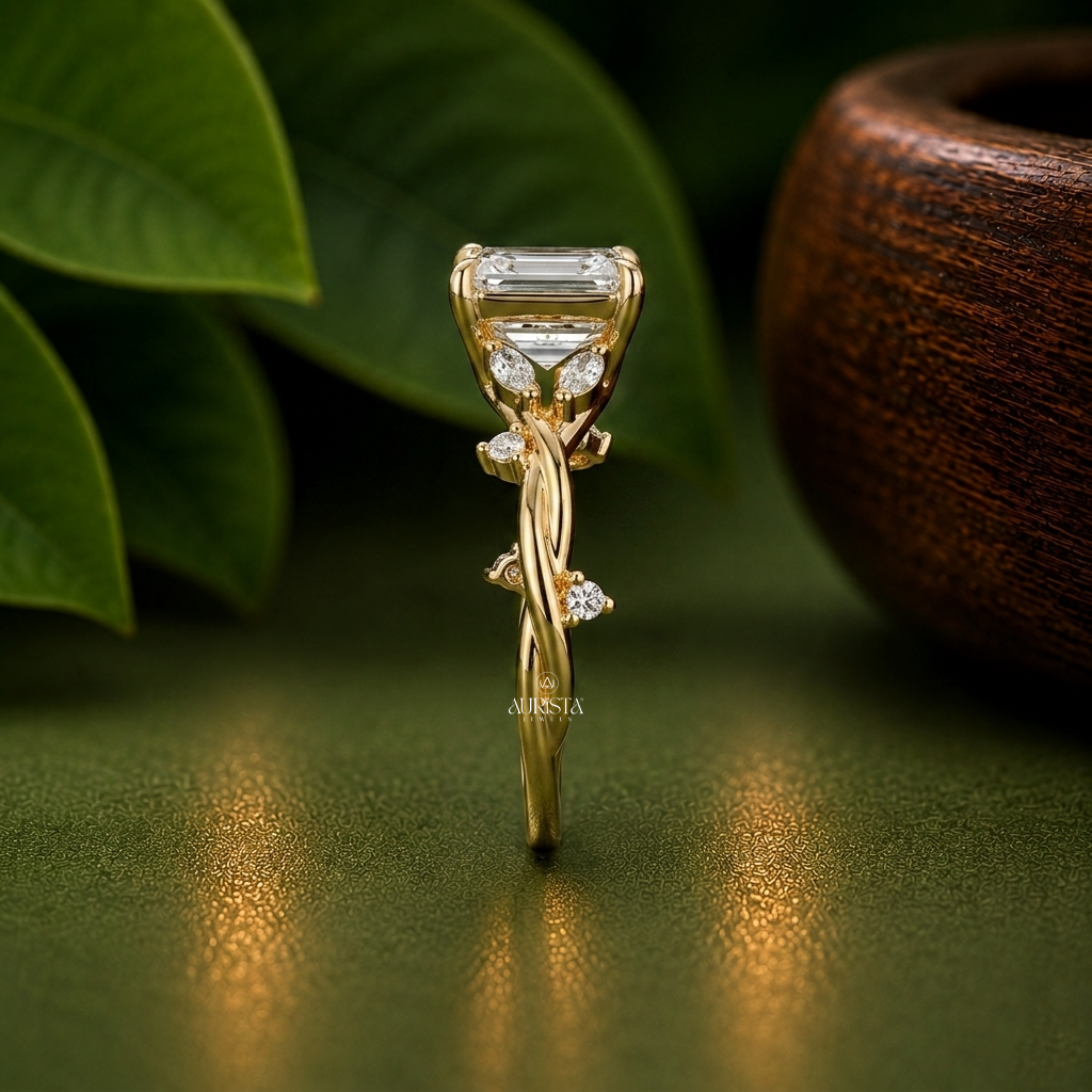 Asscher Lab Diamond Ring,Marquise and round Side Stones,Unique Diamond Ring