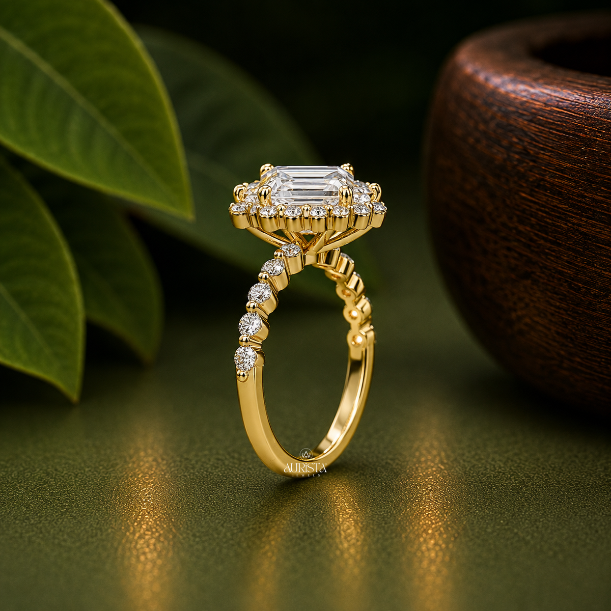 Emerald Shape Lab Grown Diamond Ring, Floral Halo Gold Ring With Round Side Stones