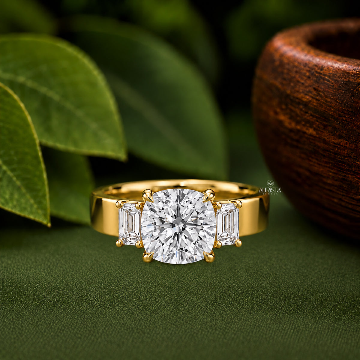 Cushion & Emerald Lab Grown Diamond Three Stone Ring, Thick Band Engagement Ring Band