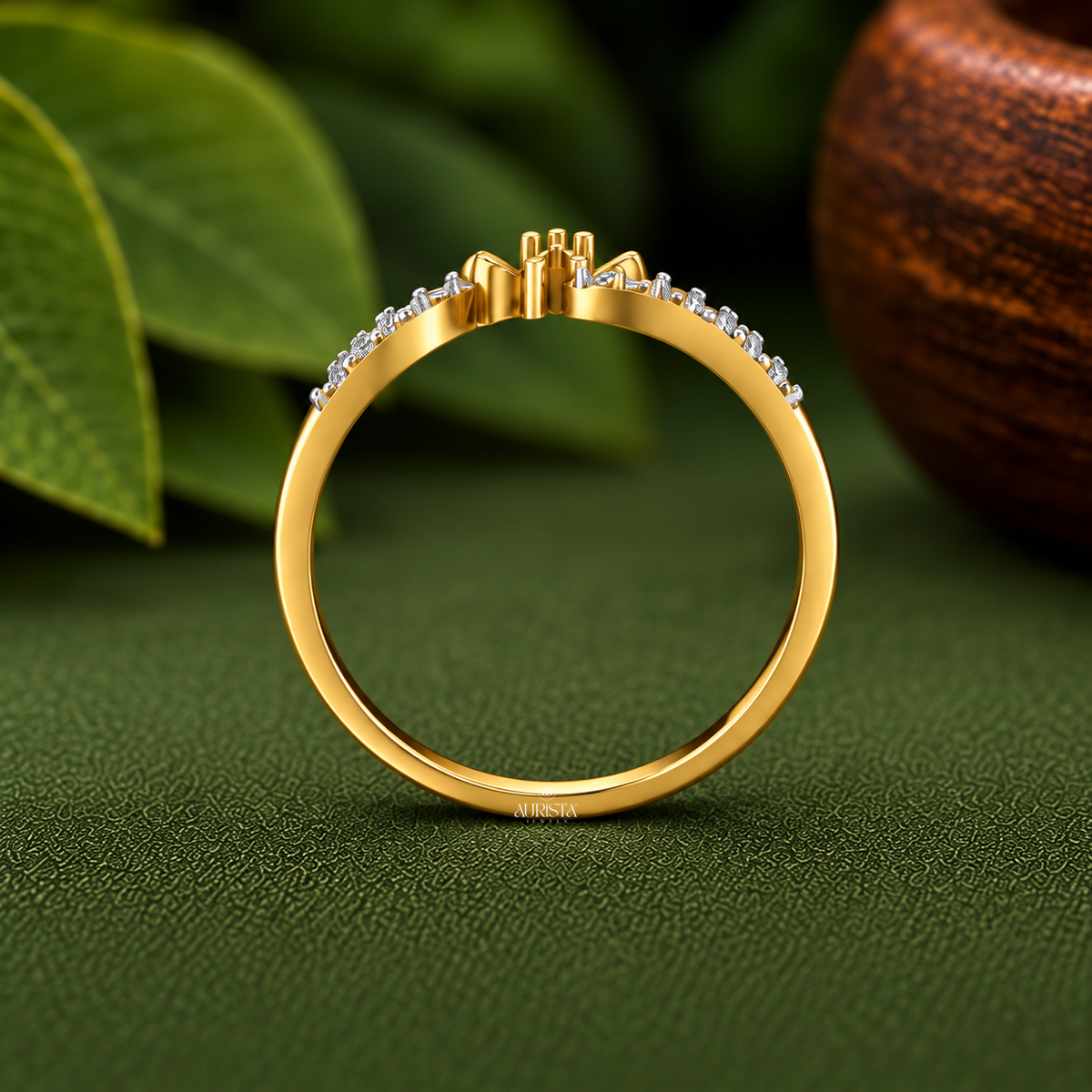 Gold Flower Bypass Ring with Pavé Accents Lab Grown in Diamond